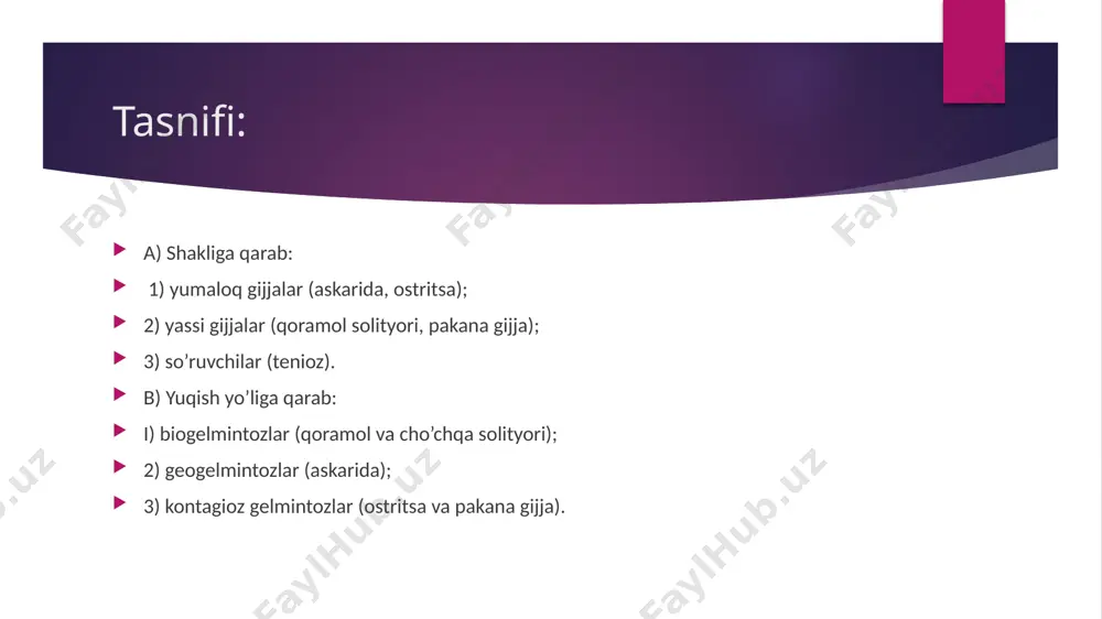 o’rilishning buzilishi hisobiga), qandli diabetning rivojlanishi (ikkilamchi allergik ta’sir hisobiga). etiologiyasi. bu kasallikning qo’zg’atuvchisi ascaris lumbricoides, katta nematod. urg’ochi askaridaning uzunligi 25-40 sm, erkagi 15-20 sm.ga boradi. epidemiologiya: kasallik manbai: kasal odam. kasallanish iliq va issiq iqlimli mintaqalarda ko’p uchraydi. bemordan sog’lom odamga to’g’ridan-to’g’ri yuqmaydi. gijja urug’lari axlat orqali tashqi muhitga tushgandan keyin ma’lum muddatgacha urug’larning ichida lichinkalar rivojlanishi uchun issiq iqlimli sharoit bo’lishi kerak. yuqish yo’li: fekal-oral. moyillik asosan bog’cha va maktab yoshidagi bolalarga to’g’ri keladi. mavsumiylik xos: may-oktabr oylariga to’g’ri keladi. patogenezi: askaridoz rivojlanishida ikkita davr ajratiladi: i. migratsiyalanish davri. 2. ichakda rivojlanish davri. migratsiya davri askarida yuqqandan so’ng 7-15 kun davom etadi. asosan allergiya holatiga xos belgilar uchraydi. lichinka ichakka o’tgandan keyin qon tomirga so’rilib, o’t yo’llariga, nafas sisteniasiga, oshqozonga tarqalishi mumkin va qayta ichaklarga tushgandan so’ng rivojlanadi. lichinkalaming rivojlanish muddati o’rtacha ikki oyni tashkil qiladi va bolalarning ingichka ichagida 1-2 yilgacha yashaydi. klinikasi: birinchi askarida lichinkalari …