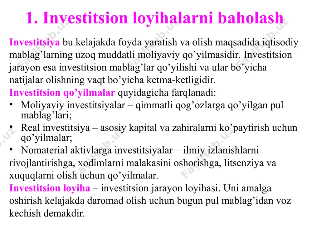 momentiga keltiriladi. bu metodning asosiy ko’rsatkichi npv (net present value) – tushumlar va harjatlar oqimilarining joriy qiymatlari ayirmasiga teng. bir marotabalik investitsiyada sof keltiriltirilgan daromadni quyidagicha hisoblash mumkin: , bu erda rk – k-yildagi tushum, k=1,2,…,n, ic – boshlang’ich investitsiya qiymati, i – diskontlash stavkasi. 2. investitsion loyihalarni baholashda sof keltirilgan daromadni aniqlash (8) excelning moliyaviy funksiyasi orqali hisoblash: npv = чпс(r;a; b;c,d,e) – ic; maple 9.5 dasturi yordamida hisoblash: agar loyiha bir marotabadan ko’p, ketma-ket „m“ ta investitsiyani o’z ichiga olsa, u holda bu korsatkichni quyidagi modifikatsiyalangan (9) formula orqali hisoblash mumkin: npv absolyut o’sish ko’rsatkichi bo’lib, keltiriltirilgan daromadni keltiriltirilgan harajatdan qanchaga oshganini baholaydi. npv>0 bo’lganda loyihani qabul qilish mumkun, npv cc bo’lsa loyihani qabul qilish mumkin, irr with(finance):cashflows( [50000,200000,450000,500000,600000],0.05) – 1200 000 = 1499259 – 1200000 = 299219 bu yerda npv>0 bo’lgani uchun ikkinchi stavka 5% dan katta bo’lishi kerak. i2 = 15% uchun npv ni hisoblaymiz: bevosita …