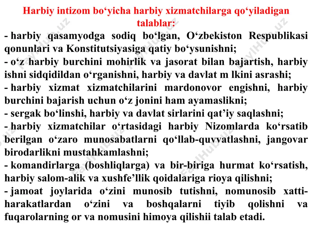 odir etilishiga yo‘l qo‘ymaslikka, harbiy xizmatchilarning hayoti va sog‘ligini saqlashga, yo‘l-transport hodisalari profilaktikasiga, mansabdor shaxslarning shaxsiy na’munaligini ta’minlashga yo‘naltirilgan kompleks choralarni bajarishga, bo‘linma va harbiy qismlardagi harbiy intizom holati uchun ularning mas’uliyatini oshirishga jamlangan. shaxsiy tarkibning huquqiy madaniyati va huquqiy bilimlarini oshirish, amaldagi qonunlar va huquqiy-normativ hujjatlar talablarini puxta bilishlari hamda ularga qa’tiy rioya qilish ko‘nikmalarini shakllantirish harbiy intizom va huquqiy tartibot tadbirlarining ustuvor vazifasi deb belgilangan. mazkur vazifa davlat hokimiyati organlari, harbiy huquqni muhofaza qilish organlari va harbiy sudlar bilan uzviy hamkorlikda olib borilishi ta’minlansin. harbiy okrug, birlashma, qo‘shilma va muassasalarda “qonuniylik, huquqiy tartibot va harbiy intizomni mustahkamlash kompleks rejasi” kalendar yili uchun ishlab chiqiladi, harbiy prokuratura va harbiy sud bilan muvofiqlashtiriladi. 2. harbiy intizomni mustahkamlashga doir rahbariy hujjatlar talablari. bo’linmalarda harbiy intizom buzulishining asosiy sabablari, ko’rinishlari va oldini olish choralari. shaxsiy tarkibni huquqiy madaniyatini oshirishda huquqiy targ‘ibot, huquqiy ta’lim berish va huquqiy bilimlarni mustaqil oshirish turlaridan keng foydalaniladi, …
