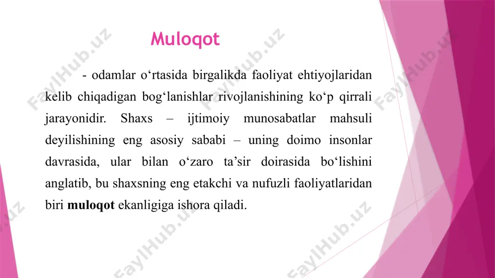rqlanadi: verbal ta’sir – bu so‘z va nutq orqali ko‘rsatadigan ta’sirlardir. har qanday odam o‘zidagi barcha so‘zlar zahirasidan foydalanib, eng ta’sirchan so‘zlarni topib, sherigiga ta’sir ko‘rsatishni xohlaydi. paralingvistik ta’sir – bu nutqning atrofidagi nutqni bezovchi, uni kuchaytiruvchi yoki susaytiruvchi omillari bo‘lib, bunga nutqning baland yoki past tovushda ifodalanayotganligi, artikulyasiya, tovushlar, to‘xtashlar, duduqlanish, yo‘tal, til bilan amalga oshiriladigan harakatlar, nidolar kiradi. noverbal ta’sir «nutqsiz» ko‘rinishga ega bo‘lib, bunga suhbatdoshlarning fazoda bir-birlariga nisbatan tutgan o‘rinlari, holatlari (yaqin, uzoq, intim), qiliqlari, mimika, pantomimika, qarashlar, bir-birini bevosita his qilishlar, tashqi qiyofa, undan chiqayotgan turli signallar (shovqin, hidlar) kiradi. fazoviy joylashuv psixologiyadagi maxsus bo‘lim - proksemika tomonidan o‘rganiladi. bu yo‘nalishning asoschisi amerikalik e.xoll bo‘lib, uning o‘zi proksemikani “fazoviy psixologiya” deb atagan. intim (yaqin) masofa - 0 - 45 sm; personal (shaxsiy) masofa - 45-120 sm; ijtimoiy masofa - 120-400 sm; ommaviy masofa - 400-750 sm. yana bir muhim ta’sirchan belgilar majmuini o‘ziga mujassam etgan soha …