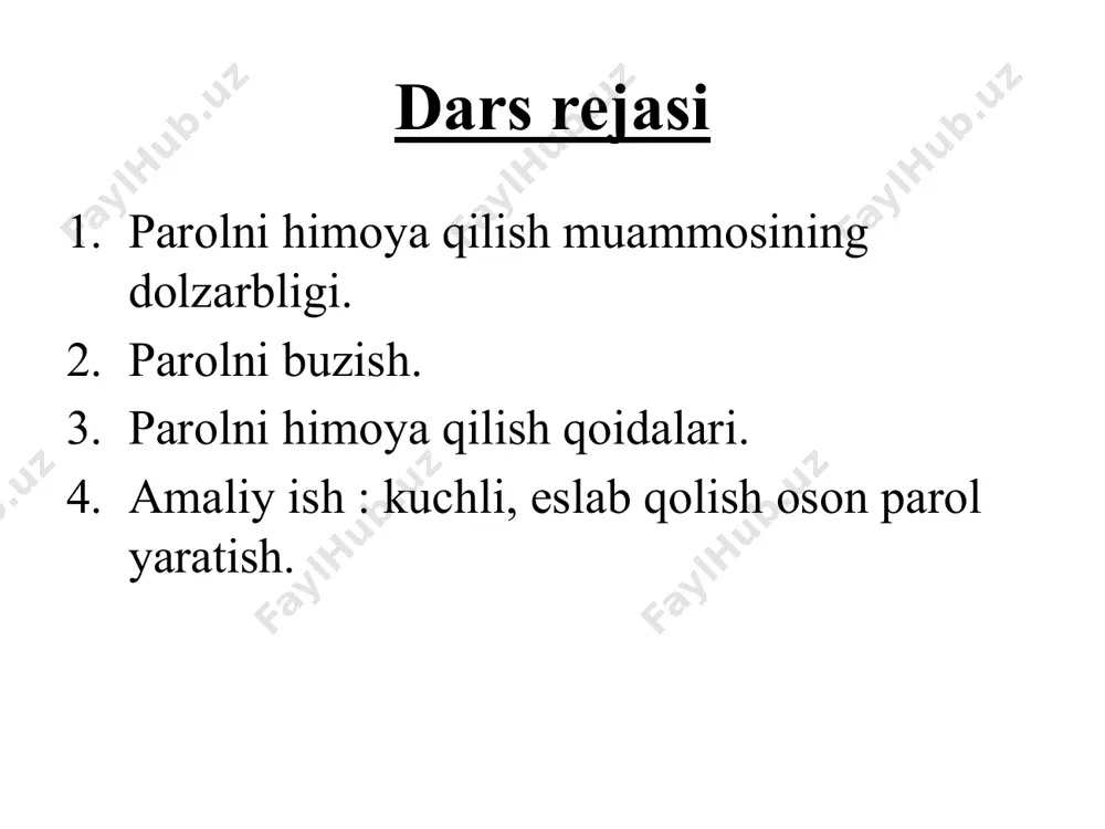 o'zlaridan iborat parolni buzish vaqti 2 daqiqagacha; raqamlardan iborat 8 belgidan iborat parolni buzish vaqti 18 soniya; ingliz alifbosining raqamlari va harflaridan iborat 8 ta belgidan iborat parolni buzish vaqti 6 kungacha; raqamlar, harflar va belgilardan iborat 8 ta belgidan iborat parolni buzish vaqti 61 kunga etadi. dasturiy ta'minot xatcho'plaridan foydalanish dasturiy ta'minot xatcho'plari - bu himoyalangan tizimga yashirin ravishda kiritilgan va uni kiritgan tajovuzkorga himoyalangan tizimning ma'lum resurslariga ruxsatsiz kirish imkonini beradigan dastur yoki dasturning bir qismi. kompyuterga masofaviy kirish tajovuzkor tarmoq hujumlarini muvaffaqiyatli amalga oshirish va kompyuterni masofadan boshqarish imkoniyatini qo'lga kiritish orqali parol ma'lumotlarini olishi mumkin. shubhasiz, bu holda kompyuterda saqlangan har qanday ma'lumotni, shu jumladan parol ma'lumotlarini olish mumkin. kompyuterga to'g'ridan-to'g'ri kirish operatsion tizimni tashqi muhitdan (floppi disklar, cd, dvd) yuklash imkoniyati bloklanmagan. kompyuter korpusini ochish va a) hujum qilingan kompyuterning qattiq diskini boshqa kompyuterga ulash b) boshqa qattiq diskdan yuklash texnik vositalar yordamida parolni ushlash …