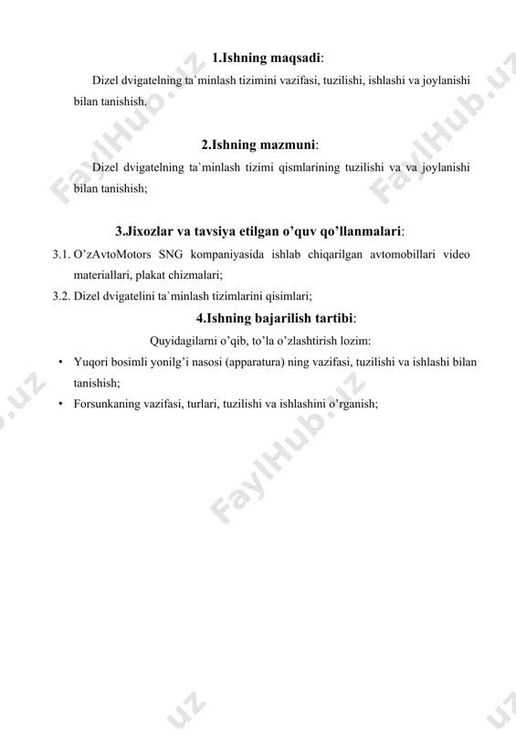 forsunkalar soni va turi forsunkada yonilg’ining purkash bosimi, mpa 3.4-rasm. sentrafuganing soddalashgan chizmasi. 3.6-rasm. dizel dvigatelining ta`minlash tizimi. foydalaniladigan adabiyotlar: 1. a.muxitdinov, b.sattivaldiev, sh.xakimov “transport vositalarining tuzilishi” (dsign of vehicles) “ta’lim nashriyoti” toshkent-2014 y 158 b. 2. fayzullayev e.z. transport vositalari tuzilishi va nazariyasi. darslik. 1-qism. t.: “yangi asr avlodi”, 2006. -375 b. 3. mamatov.x avtomobillar (avtomobillar konstruktsiyasi asoslari). 1-qism. toshkent, «o’qituvchi», 1995-y. 4. mamatov.x avtomobillar (avtomobillar konstruktsiyasi asoslari). 2-qism. toshkent, «o’qituvchi», 1998-y. image1.jpg image2.jpg
