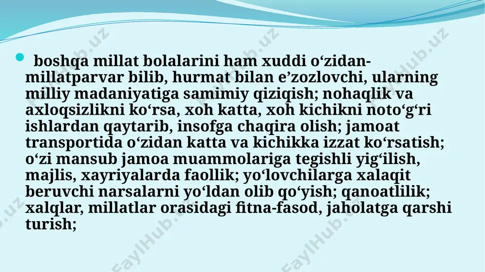 uchun gapirmoq, ish-harakat qilmoq. ta’birlamoq- bolada. sinf ahlida, jamoat ahlida uchrab turuvchi xatti-harakatlarni sifatlamoq. ta’kidlamoq - bolalar bilan o‘tkazilgan har bir vaziyatda, ularga malol kelmaydigan axloqiy mazmunni uqtirib, tayinlab bermoq. taqdirlamoq - o‘quvchini, farzandni qadrlamoq, munosib baholamoq, bolaga uning qadri bor ekanligini sezdirmoq. uyaltirmoq - noma’qul qilig‘i uchun bolaga o‘ta noqulaylik tug‘dirish, hijolat, andisha, nomus qildirmoq. shavqlantirmoq - bolaning xulqi, o‘qishidagi muvaffaqiyatlari erkalatmoq - o‘g‘il bolani “qo‘zichog‘im”, “she’rim”, qiz bolani esa “oppog‘im”, “onajonim” deya silab-siypalamoq, suymoq. yalinmoq - agarda boshqa xil usul kor qilmasligiga ko‘z yetsa, bola qalbida mehrni yangilash, uyg‘otish maqsadida uni biror narsaga ko‘ndirish uchun iltimos qilmoq; o‘ bu esa maktabning o‘quvchilarda milliy tarbiya mezonlarini hosil qiluvchi bilim, tushunchalarni xulq-atvor me’yorlariga aylantirishning real imkoniyatlariga ega ekanligini ko‘rsatadi. ana shu nuqtai- nazardan: 1) maktab – o‘zbekistonda milliy istiqlolni ta’minlashga qodir bo‘lgan yetuk milliy zamonaviy yosh avlodni tarbiyalab yetishtira oluvchi asosiy davlat muassasasidir; 2) maktab tarbiyaviy jarayoni ilmiy asosga qurilsa, …