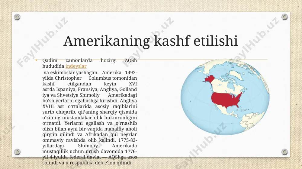 kamchiliklardan xoli emasdi. amerikaliklar muqaddas hisoblaydigan qomusga bugungacha jami 27 marta tuzatish kiritilgan (ratifikatsiya qilingan). aqsh konstitutsiyasiga kiritilgan dastlabki 10 ta o‘zgartirish “huquqlar to‘g‘risidagi bill” deb nomlanib, 1791-yili ratifikatsiya qilingan. uning muallifi “aqsh konstitutsiyasi otasi” deb tilga olinuvchi jeyms madisondir. 1783 yilda amerika buyuk britaniyadan mustaqillik urushida g'alaba qozondi. tez orada ma'lum bo'ldiki, yosh respublika kuchli markaziy hukumatga muhtoj, aks holda u barqarorlikni ko'rmaydi. 1786 yilda nyu-yorkdan bo'lgan advokat va siyosatchi aleksandr xemilton ushbu masalani muhokama qilish uchun konstitutsiyaviy konventsiyani chaqirdi. konfederatsiya kongressi 1787 yil fevralda ushbu g'oyani qo'llab-quvvatladi va filadelfiyadagi yig'ilishga o'n uchta shtat vakillarini taklif qildi. qsh hukumati konstitutsiyasiga muvofiq yangi hukumat 4 yil 1789 martda ish boshladi. 30 yil 1789-aprelda jorj vashington aqshning birinchi prezidenti etib saylandi. o'sha yilning iyun oyida virjiniya imzolaganlarga qo'shildi, undan keyin nyu-york. 2 yil 1790-fevralda aqsh oliy sudi yangi hukumatning to'liq kuchga kirishi munosabati bilan o'zining birinchi majlisini o'tkazdi. ozodlik mayog’i ozodlik …