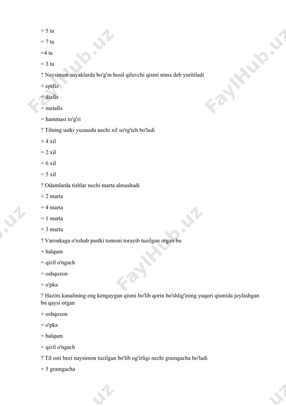 uchburchak = toʻrtburchak = beshburchak = toʻgʻri javob yoʻq ? til nimalardan tuzilgan? + mushaklardan = suyaklardan = paylardan = elastik tolalardan ? til ustki yuzasida necha xil so’rg’chlar boʻladi? +4 xíl =2 xil =3 xil = 5 xil ? quloq oldi bezi nimalardan tuzilgan? + alveolalardan = mushaklardan = paylardan = suyaklardan ?kalla suyaklariga kiradi +peshona,ensa =yonoq =pastki jag’ =yuqorigi jag’ ?yuz qismi suyaklariga kiradi + burun = peshona = chakka =ensa ?kalla suyaklariga kiradi + tepa suyagi = dimog’ = g’alvirsimon = pastki jag’ ?yuz qismi suyaklariga kiradi + g’alvirsimon suyak = ensa suyak =chakka suyak = peshona ?ko’krak qafasi suyaklarini tashkil etadi + qovurg’alar, o’mrov suyagi, kurak va umurtka pog’onasi = yelka kamari suyaklari = naysimon suyaklar = yassi suyaklar ? naysimon suyaklarga kiradi + qo’l va oyoq suyaklari = ko’krak qafasi suyaklari =chanoq suyaklari =kalla suyaklari ?ichki organlar tizimini o’rganuvchi anatomiyaning qismi bu… +splanxnologiya = nevrologiya …