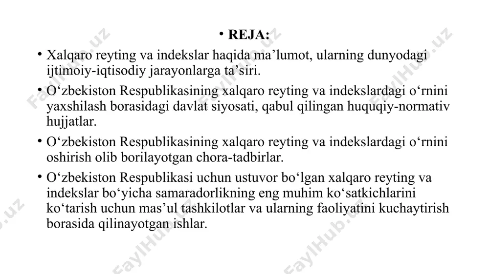 avrda xalqaro munosabatlarni yo‘lga qo‘yish va rivojlantirish borasida katta ishlarni amalga oshirdi. bu jarayonda mamlakat miqyosida amalga oshirilayotgan ijtimoiy-iqtisodiy, siyosiy va ma’naviy o‘zgarishlarni dunyo miqyosida e’tirof etilishi borasida ham samarali ishlar qilindi va davom ettirilmoqda. shu o‘rinda ta’kidlash muhimki, ko‘plab xorijiy ommaviy axborot vositalarida dunyo mamlakatlarining iqtisodiy ko‘rsatkichlari, xalqlarning turmush darajasi yoki yashash uchun eng xavfsiz davlatlar kabi reytinglar muntazam e’lon qilib boriladi, tahlil va taqqos qilinadi. inson huquqlari himoyasini kafolatlash, aholi turmush darajasini oshirish, iqtisodiy faoliyatda erkinlikni ta’minlash, sud-huquq sohasidagi moddiy va protsessual normalarni takomillashtirishga qaratilgan islohotlar har qanday mamlakatning xalqaro maydondagi nufuzini oshiradi. zero, mazkur yo‘nalishdagi islohotlar mamlakat taraqqiyoti, xalq farovonligini belgilab beruvchi muhim omillardan hisoblanadi. ammo islohotlarning ijobiy natijalari, xalqning erishgan va erishayotgan yutuqlarini dunyo hamjamiyati e’tiboriga taqdim etish alohida chora-tadbirlarni, maqsadli sa’y-harakatlarni talab etishini ta’kidlash kerak. bu jarayonlarda xalqaro reyting agentliklarining xizmati katta. to‘g‘ri, har qanday davlat ijtimoiy-iqtisodiy islohotlarni o‘tkazar ekan, birinchi o‘rinda aholi turmushi farovonligini …