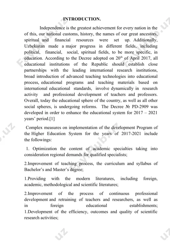 ntent of spiritual enlighte nment and educational issues; 1strengthening the economic and technical resources of higher education institutions; 1.modernization of existing as well as creating modern teaching and scientific laboratories; 2providing the teaching process with modern information and communication technologies.[2] according to the program, during the years of 2017-2021 construction, reconstruction and major repairs of 180 educational and scientific laboratories, sports facilities and units of social engineering infrastructures belonging to 48 higher educational inst itutions will be carried out. at the same time, step-by-step realization of ultra-modern equipment’s of 400 teaching laboratories in 53 educational establishments included to the plan, and scientific laboratories intended in the cooperation with other higher educational establishments in the field of scientific research are going to be established. until 2021, it is planned step-by-step increase the number of student enrollment for 18 percent on bachelor’s degree and master’s specialty taking into consideration, the current and …