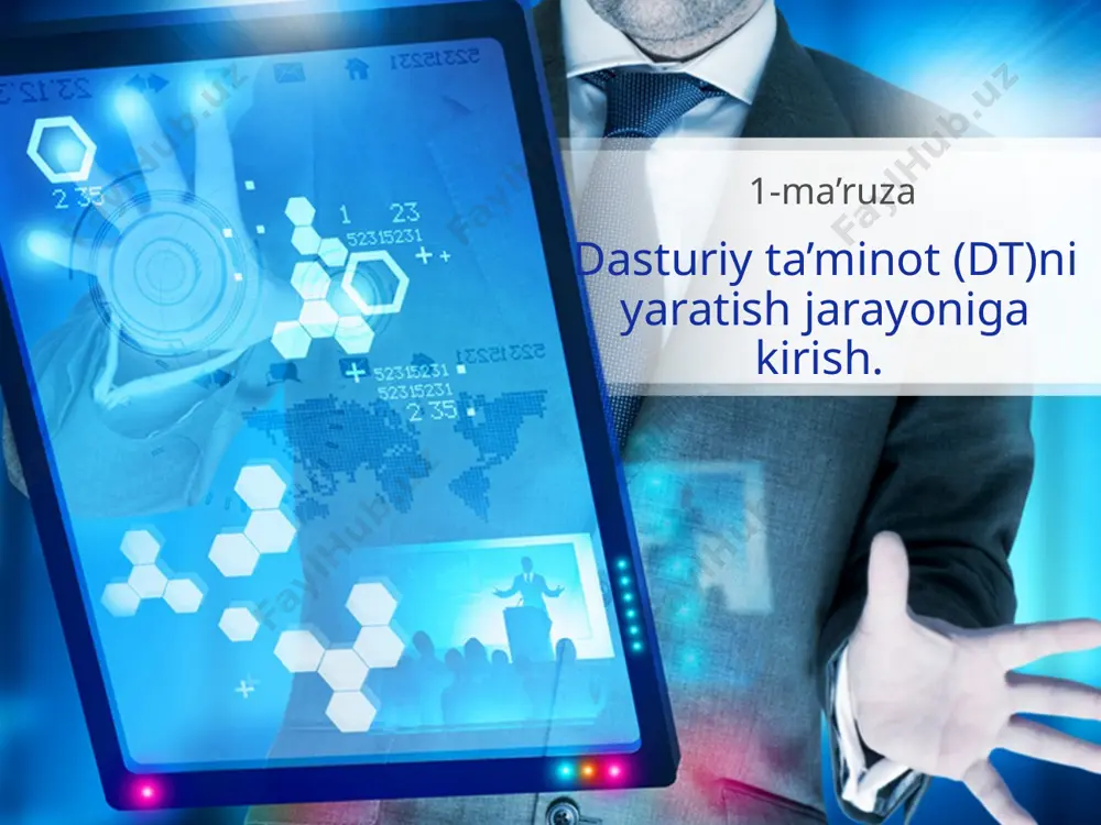 ot va loyihalashtirish ishlari va operatsiyalari to'plami tushuniladi. dasturiy ta'minot tizimi - qismlardan tashkil topgan tizim - dasturiy ta'minot komponentlari. o'z navbatida, texnik (apparat), matematik, axborot, tashkiliy, uslubiy va boshqalar bilan birgalikda mavjud bo'lgan dasturiy ta'minot avtomatlashtirilgan axborotni qayta ishlash va boshqarish tizimining (asoiu) qo'llab-quvvatlovchi quyi tizimlarining turlaridan biridir. dasturiy ta’minot arxitekturasi bilan tanishish; dasturiy ta’minot tizimi va murakkabligini baholash; loyiha maqsadini aniqlash va uni asoslashdan iborat; loyiha tuzilishini aniqlash(maqsadlar, bajarilishi kerak bo’lgan ishning asosiy bosqichlari) loyihaning shartlarini aniqlash; amalga oshirishni rejalashtirish; loyiha uchun zarur bo'lgan moddiy resurslarni hisoblash; yetkazib beruvchilar bilan shartnomalar tuzish; smeta va loyihaning byudjetini hisoblash; xavflarni rejalashtirish; loyihaning borishi ustidan nazoratni ta'minlash. dasturiy ta'minot tizimlarini loyihalash vazifalari quyidagilardan iborat: 9 dasturiy injiniring dasturiy injiniring ba’zida dasturiy ta’minot jarayoni ham deyiladi. dasturiy ta’minot jarayoni dasturiy mahsulotni ishlab chiqish faoliyatlari ketma -ketligidir. barcha dasturiy ta’minotlar uchun umumiy bo’lgan to’rtta asosiy faoliyat bor. bular: 1. dasturiy ta’minot xususiyati 2. …