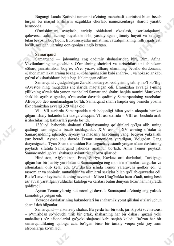 jaloliddin manguberdi, termizda alpomish haykallari qad ko'tardi. bugungi kunda mamlakatimizda etti mingdan ortiq yodgorlik, shu jumladan, 2500 ta me'moriy obida, 2700 tadan ortiq monumental san'at asari davlat muhofazasiga olingan. 1991 yildan xivadagi ichonqal'a qo'riqxonasidagi, 1993 yildan buxoro shahri markazidagi, 2000 yildan shahrisabz shahri markazidagi yodgorliklar yuneskoning “umumjahon madaniy merosi” ro'yxatiga kiritildi. mustaqillik yillarida qayta tiklangan muqaddas qadamjolardan biri bo'lgan oqmasjid navoiy viloyati xatirchi tumanida joylashgan. bu masjidni ulug' zotlardan biri sayyid ota bunyod etganlar. qariyalarning aytishiga ko'ra, 1380-1390 yillarda bunyod etilgan oqmasjid istiqlol davrida xalqimizning muqaddas ziyoratgohiga aylanib, yaxshilik va ezgulikka, tinchlik va osoyishtalikka. o'zaro ahil va hamjihat bo'lishga xizmat qilmoqda. masjid 1920 yillargacha musulmonlarning eng sevimli maskaniga aylangan. bu masjidda buxoro madrasalarini tamomlab kelgan mudarrislar, ulamolar dars berganlar, namozxonlarga shariat va tariqat yo'llaridan sabok berganlar, ularni halollik va poklikka, tinchlik va osoyishtalikka da'vat etganlar. birok, o'sha mustabid sovet tuzumi boshlangandan keyin mullalar, namozxonlar qatagon kilindi. masjidlar yopib qo'yildi. biri …