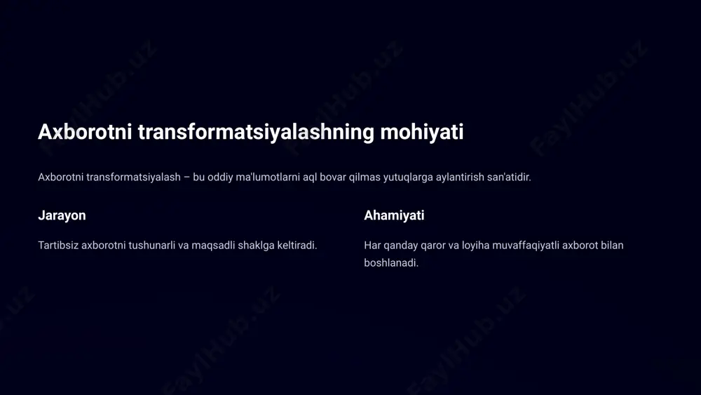 ab oling. qiziqishni uyg‘otish ma'lumotni oddiy emas, balki kutilmagan yondashuv bilan taqdim eting. vizual ifodalar diagramma, grafik va infografikalar yordamida murakkab ma'lumotni tushunarli qiling. axborotni taqdim etish jarayoni sizning fikrlaringizni esda qolarli qiladi! 7 samarali tarmoq tuzish qoidalari tarmoq – bu faqat aloqa emas, bu imkoniyatlar olamidir. 1 muloqot qiling yangi odamlar bilan tanishing va fikr almashing. 2 mustahkam aloqalar yaratish ishonchli va uzoq muddatli munosabatlar. 3 platformalardan foydalanish professional tarmoqlarga qo‘shiling. 8 aloqalar kuchi 1 tajriba almashish o‘rganish va o‘rgatish jarayoni. 2 hamkorlik birgalikda ishlar amalga oshirish. 3 innovatsiya yangi g‘oyalar va yechimlarni yaratish. 9 axborotni transformatsiyalash hayotda 1 manbalarni tekshirish. 2 ma'lumotlarni tahlil qilish. 3 taqdimotni aniq va tushunarli formatda tayyorlash. 10 axborotni transformatsiyalashning kuchli tomonlari muammolarni samarali hal qilish. jamoa ichida samarali ishlash. o‘z bilim va ko‘nikmalarini rivojlantirish. 11 axborotni transformatsiyalash: yangi imkoniyatlar raqobatbardoshlikni oshirish ma'lumotdan foydalanib, bir qadam oldinda bo‘ling. yangi texnologiyalar bilan ishlash sun’iy intellekt …