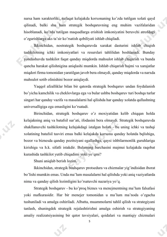 b qiladi. to’rtinchidan, strategik oldindan ko’ra bilish xatolarining salbiy oqibatlari keskin kuchayadi. qisqa muddatda umuman yangi mahsulotlar yaratilganda, qiqsa davrda qo’yilmalarning yo’nalishi keskin o’zgarganda, kutilmaganda biznes uchun yangi imkoniyatlar vujudga kelganda va uzoq yillar davomida mavjud bo’lgan imkoniyatlar ko’z oldidan yo’qolganda, noto’g’ri oldindan ko’ra bilish va strategik tanlovning xatoliklari uchun haq ko’pincha tashkilotga qimmatga tushadi. ayniqsa, faoliyat yuritishning noalternativ yo’lini prognoz oqibatlari yomon bo’ladi. beshinchidan, strategik boshqaruvni amalga oshirishda asosiy e’tibor strategik rejalashtirishga beriladi. aslida esa strategik boshqaruvning asosiy tarkibiy qismi bo’lib strategik rejani amalga oshirish hisoblanadi. bu birinchi navbatda strategiyani realizatsiya qilish imkoniyatini beruvchi tashkiliy madaniyatni yaratish, mativlashtirish va mehnatni tashkil etish tizimlarini yaratish, tashkilotda ma’lum egiluvchanlikni yaratishni va h.k.ni ko’zda tutadi. bunda strategik boshqaruvda bajarish jarayoni rejalashtirishga aktiv teskari ta’sir ko’rsatadi, bu esa bajarish bosqichining ahamiyatini yanada oshiradi. shuning uchun agar tashkilotda strategik rejalashtirish podsistemasi yaratilgan bo’lsa va shu bilan birga strategik bajarish podsistemasini yaratish uchun imkoniyatlar bo’lmasa, …