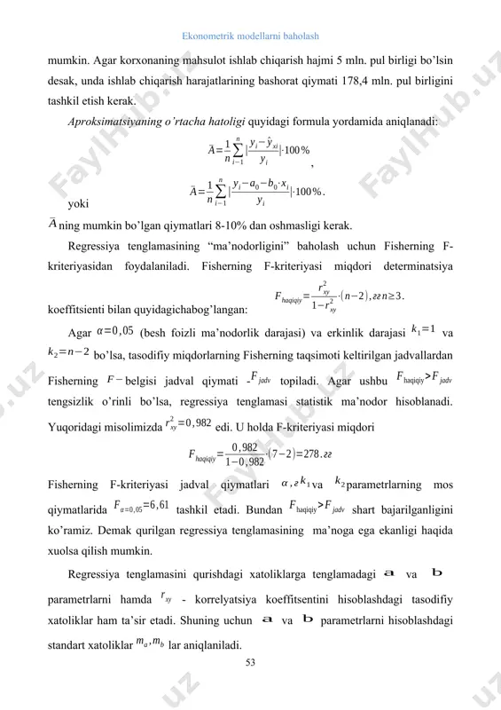 erak. regressiya tenglamasining “ma’nodorligini” baholash uchun fisherning f- kriteriyasidan foydalaniladi. fisherning f-kriteriyasi miqdori determinatsiya koeffitsienti bilan quyidagichabog’langan: agar (besh foizli ma’nodorlik darajasi) va erkinlik darajasi va bo’lsa, tasodifiy miqdorlarning fisherning taqsimoti keltirilgan jadvallardan fisherning belgisi jadval qiymati - topiladi. agar ushbu tengsizlik o’rinli bo’lsa, regressiya tenglamasi statistik ma’nodor hisoblanadi. yuqoridagi misolimizda edi. u holda f-kriteriyasi miqdori fisherning f-kriteriyasi jadval qiymatlari va parametrlarning mos qiymatlarida tashkil etadi. bundan shart bajarilganligini ko’ramiz. demak qurilgan regressiya tenglamasining ma’noga ega ekanligi haqida xuolsa qilish mumkin. regressiya tenglamasini qurishdagi xatoliklarga tenglamadagi va parametrlarni hamda - korrelyatsiya koeffitsentini hisoblashdagi tasodifiy xatoliklar ham ta’sir etadi. shuning uchun va parametrlarni hisoblashdagi standart xatoliklar lar aniqlaniladi. regressiya koeffitsientining tasodifiy xatoligi quyidagi formula bilan aniqlaniladi: regressiya tenglamasining parametri tasodifiy xatoligi quyidagi formula bilan aniqlaniladi: chiziqli korrelyatsiya koeffitsientining tasodifiy xatoligi esa formula asosida aniqlaniladi: 5.2. chiziqli regressiya tenglamasi intervalining bashorati regressiya tenglamasi parametrlarining statistik ma’nodorligini baholash styudent- kriteriyasi yordamida ham amalga …