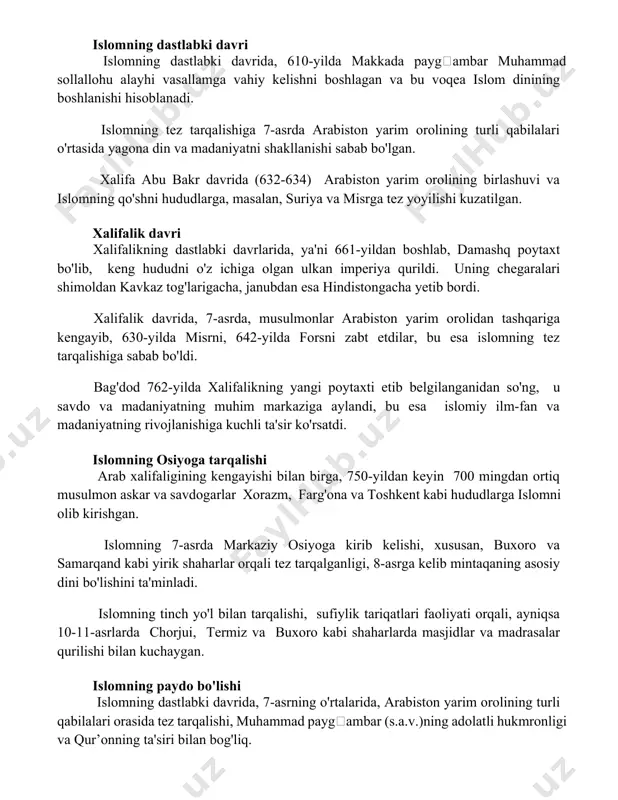 anishi hisoblanadi. islomning tez tarqalishiga 7-asrda arabiston yarim orolining turli qabilalari o'rtasida yagona din va madaniyatni shakllanishi sabab bo'lgan. xalifa abu bakr davrida (632-634) arabiston yarim orolining birlashuvi va islomning qo'shni hududlarga, masalan, suriya va misrga tez yoyilishi kuzatilgan. xalifalik davri xalifalikning dastlabki davrlarida, ya'ni 661-yildan boshlab, damashq poytaxt bo'lib, keng hududni o'z ichiga olgan ulkan imperiya qurildi. uning chegaralari shimoldan kavkaz tog'larigacha, janubdan esa hindistongacha yetib bordi. xalifalik davrida, 7-asrda, musulmonlar arabiston yarim orolidan tashqariga kengayib, 630-yilda misrni, 642-yilda forsni zabt etdilar, bu esa islomning tez tarqalishiga sabab bo'ldi. bag'dod 762-yilda xalifalikning yangi poytaxti etib belgilanganidan so'ng, u savdo va madaniyatning muhim markaziga aylandi, bu esa islomiy ilm-fan va madaniyatning rivojlanishiga kuchli ta'sir ko'rsatdi. islomning osiyoga tarqalishi arab xalifaligining kengayishi bilan birga, 750-yildan keyin 700 mingdan ortiq musulmon askar va savdogarlar xorazm, farg'ona va toshkent kabi hududlarga islomni olib kirishgan. islomning 7-asrda markaziy osiyoga kirib kelishi, xususan, buxoro va …
