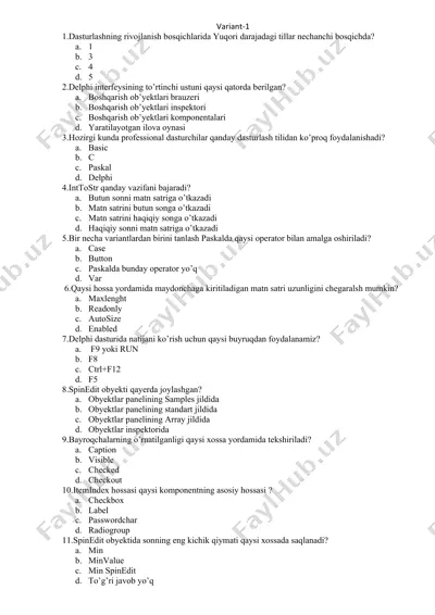 delphi dasturlash bo'yicha variant savollari — DOCX