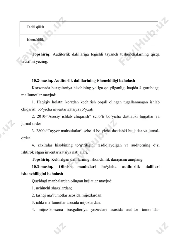hli yer uchastkasida korxona maqsadlarida foydalanish uchun bino qurdi. auditor auditorlik tekshiruvi jarayonida bino qurilishiga doir hujjatlar bilan tanishib chiqdi. talab qilinadi: 1. qurilish tannarxi to‘g‘ri hisoblanganligini tasdiqlaydigan yoki inkor qiladigan dalillarni topish. 2. hisobotlarda aks ettirilgan xarajatlarning to‘g‘riligini tasdiqlaydigan dalillarni mustaqil uchinchi shaxslardan olish. 10.6-mashq. auditorlik dalillari ishonchliligini baholash “feruz” ajda audit o‘tkazish davomida auditor tomonidan quyidagi dalillar to‘plangan: 1. “feruz” aj xodimi tomonidan tayyorlangan haqiqiy xarajatlar tahlili. 2. “feruz” ajning mavjud aksiyalari bo‘yicha aktsionerlar ro‘yxatidan ko‘chirma 3. auditor ishtirokida o‘tkazilgan inventarizatsiya natijasi bo‘yicha moddiy qiymatliklar inventarizatsiyasi bo‘yicha dalolatnoma. topshiriq. dalillarni ularning ishonchliligi bo‘yicha baholang 10.7-mashq. moliyaviy hisobot moddasi ishonchliligini baholash maqsadida auditorlik dalillarini olish “namuna” mchj 2020-yilda auditorlik tashkilotiga 2019-yilning moliyaviy hisobotini auditorlik tekshiruvidan o‘tkzaish bo‘yicha shartnoma tuzish taklifi bilan chiqdi. “namuna” mchj 2013-yildan boshlab qimmatli qog‘ozlar bozorida o‘z faoliyatini yuritadi. 2013-2019-yillarda faoliyatining moliyaviy natijalari barqaror va yuqori bo‘lgan. mchjning moliyaviy hisobotini auditorlik tekshiruvidan o‘tkazishda bino qurilishi uchun …