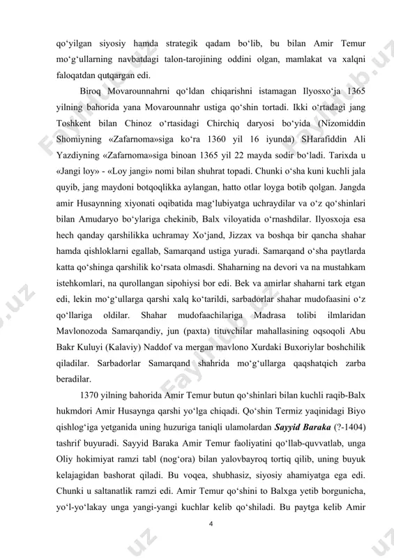 va na mustahkam istehkomlari, na qurollangan sipohiysi bor edi. bek va amirlar shaharni tark etgan edi, lekin mo‘g‘ullarga qarshi xalq ko‘tarildi, sarbadorlar shahar mudofaasini o‘z qo‘llariga oldilar. shahar mudofaachilariga madrasa tolibi ilmlaridan mavlonozoda samarqandiy, jun (paxta) tituvchilar mahallasining oqsoqoli abu bakr kuluyi (kalaviy) naddof va mergan mavlono xurdaki buxoriylar boshchilik qiladilar. sarbadorlar samarqand shahrida mo‘g‘ullarga qaqshatqich zarba beradilar. 1370 yilning bahorida amir temur butun qo‘shinlari bilan kuchli raqib-balx hukmdori amir husaynga qarshi yo‘lga chiqadi. qo‘shin termiz yaqinidagi biyo qishlog‘iga yetganida uning huzuriga taniqli ulamolardan sayyid baraka (?-1404) tashrif buyuradi. sayyid baraka amir temur faoliyatini qo‘llab-quvvatlab, unga oliy hokimiyat ramzi tabl (nog‘ora) bilan yalovbayroq tortiq qilib, uning buyuk kelajagidan bashorat qiladi. bu voqea, shubhasiz, siyosiy ahamiyatga ega edi. chunki u saltanatlik ramzi edi. amir temur qo‘shini to balxga yetib borgunicha, yo‘l-yo‘lakay unga yangi-yangi kuchlar kelib qo‘shiladi. bu paytga kelib amir husaynning ko‘pchilik amirlari uni tark etadilar. jangda amir husayn qo‘shinlari yengiladi, …
