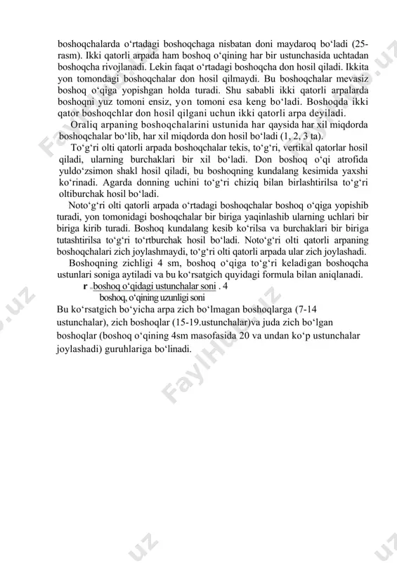 masoma soni 2p-14ga teng. 12-rasm. arpaning qiltiqlari: a-qiltiq; o‘rnidagi o‘simtalar; 1-tishli qiltiq 2-yarim tekis qiltiq, 3-tekis qiltiq. boshoqchalarniig boshoq o‘qidajoylanishiga qarab arpaning madaniy turi hordeum sativum jess uchta tur xillariga bo‘linadi. a) ko‘p qatorli arpa - vulgare l tur xili. b) ikki qatorli arpa - distichum l tur xili. v) oraliq arpa- intermedium vav. etosf. ko‘p qatorli arpalar boshoq o‘qining har bir ustunchasida uchta rivojlangan boshoqchaga ega. ular bitadan uchta don hosil qiladi. lekin yon tomonidagi boshoqchalarda o‘rtadagi boshoqchaga nisbatan doni maydaroq bo‘ladi (25-rasm). ikki qatorli arpada ham boshoq o‘qining har bir ustunchasida uchtadan boshoqcha rivojlanadi. lekin faqat o‘rtadagi boshoqcha don hosil qiladi. ikkita yon tomondagi boshoqchalar don hosil qilmaydi. bu boshoqchalar mevasiz boshoq o‘qiga yopishgan holda turadi. shu sababli ikki qatorli arpalarda boshoqni yuz tomoni ensiz, yon tomoni esa keng bo‘ladi. boshoqda ikki qator boshoqchlar don hosil qilgani uchun ikki qatorli arpa deyiladi. oraliq arpaning boshoqchalarini ustunida har qaysida …