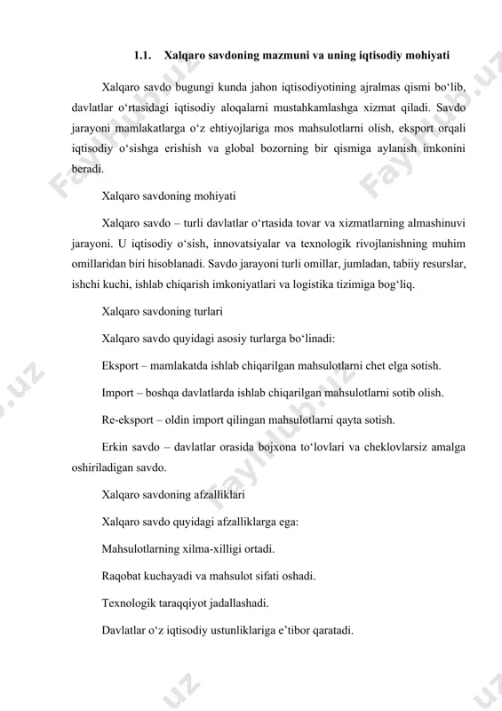 ti – moslashuvchan va tezkor. xalqaro savdoning zamonaviy tendensiyalari zamonaviy xalqaro savdo quyidagi tendensiyalarga ega: raqamli texnologiyalarning rivojlanishi. elektron tijoratning o‘sishi. xitoy va hindiston kabi davlatlarning rolini oshishi. yashil iqtisodiyot va barqaror rivojlanishga intilish. xalqaro savdoda muammolar xalqaro savdoda quyidagi muammolar mavjud: savdo urushlari va sanktsiyalar. tarif va notarif to‘siqlar. logistika va transport muammolari. inflyatsiya va valyuta kurslari o‘zgarishi. milliy iqtisodiyotning dunyo mamlakatlari bilan bog‘langan murakkab iqtisodiy munosabatlar tizimining tarkibiy qismi xalqaro savdodir. hozirgi jahon rivojining xarakterli belgisi tashqi iqtisodiy aloqalarning, avvalo, jahon savdosining tez o‘sishi hisoblanadi. xalqaro iqtisodiy munosabatlarning tarkibiy qismi hisoblangan jahon savdosi tashqi savdo aylanmasi, eksport va import kabi ko‘rsatkichlar bilan xarakterlanadi. eksport-tovarlarni chet ellik mijozlarga sotish bo‘lib, bunda mazkur mamlakatlarda ishlab chiqarilgan tovar mamlakatdan tashqariga chiqariladi. кo‘plab mamlakatlar, cheklangan resurs bazasiga va tor ichki bozorga ega bo‘lib, o‘zlarining ichki iste’moli uchun zarur bo‘lgan barcha tovarlarni yetarli samaradorlik bilan ishlab chiqarish holatida bo‘lmaydi. bunday mamlakatlar uchun eksport …