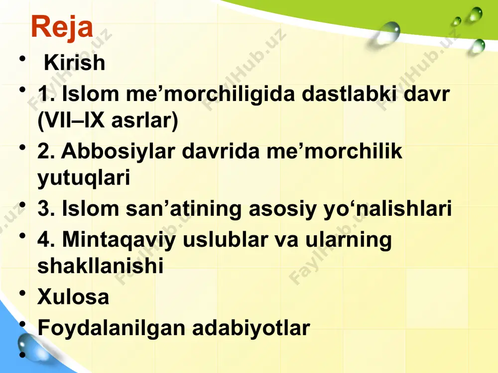 afaqat masjidlar, balki saroylar, madrasalar, hammomlar va boshqa jamoat binolari ham rivojlandi.bag’dodning arxitektura obidalari abbosiylar me’morchiligining muhim namunasidir. islom san’atining asosiy yo‘nalishlari islom san’ati o‘zining o‘ziga xos estetikasi va falsafiy chuqurligi bilan dunyo san’ati tarixida muhim o‘rin tutadi. bu san’at diniy, ijtimoiy va madaniy omillar ta’sirida rivojlanib, turli yo‘nalishlarda o‘z ifodasini topdi. islom san’atining asosiy xususiyatlaridan biri uning tasviriy san’atda inson va hayvon tasvirlaridan ko‘proq foydalanishdan tiyilishi bo‘lib, bu esa geometrik shakllar, naqshlar va xattotlikka asoslangan bezaklarga yo‘l ochdi. ushbu yo‘nalishlar orasida geometrik naqshlar va arabeskalar, kufiy yozuvi va xattotlik, shuningdek, keramika, mozaika va oynakorlik san’ati alohida ahamiyatga ega. geometrik naqshlar va arabeskalar islom san’atidagi geometrik naqshlar matematik aniqlik va estetik muvozanatga asoslanadi. bu naqshlar ko‘pincha yulduz shakllari, olti va sakkiz burchakli figuralar, shuningdek, murakkab to‘r tizimlaridan iborat bo‘lib, cheksizlik va tartib ramzi sifatida talqin qilinadi. geometrik naqshlar masjidlar, madrasalar va saroylarning devorlarida, shiftlarida va zaminlarida keng qo‘llanilgan. arabeskalar esa …