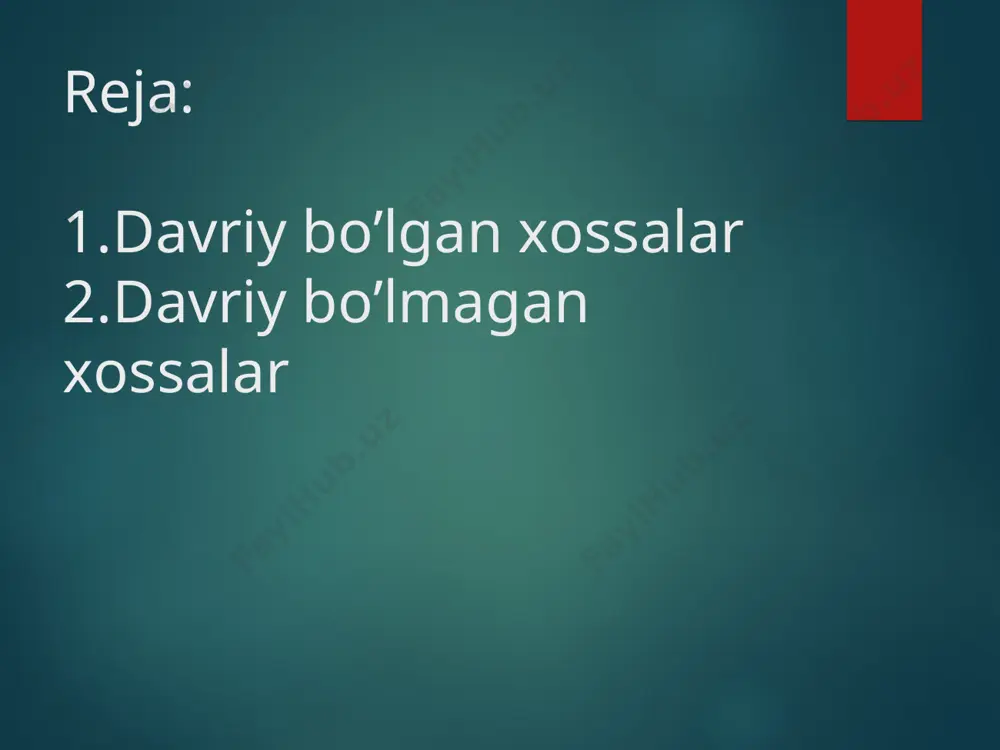 ment - bor metallmaslik xossalarini namoyon qiladi. ugleroddan ftorga utganda metallmaslik xossalari kuchayadi, ftor eng tipik metallmas sifatida topilgan elementdir, ftordan keyingi element - natriy (usha zamonda neon xali ma'lum emas edi) – uz xossalari bilan litiyga o'xshaydi. uning oksidi na2o uz shakli bilan litiy oksid li2o ga o'xshashdir. d.i.mendeleyev uzi kashf etgan davriy qonunni kuyidagicha ta'rifladi: elementlarning xossalari, shuningdek ularning birikmalarining shakl va xossalari elementlarning atom og'irliklariga davriy ravishda bog'liq bo'ladi. d.i.mendeleyev davriy qonunni kashf etishda elementlarning atom og'irlik kiymatlariga, fizik va kimyoviy xossalariga e'tibor berdi. u barcha elementlar buysunadigan davriy qonunni kashf qildi va ba'zi elementlar (chunonchi, berilliy, lantan, indiy, titan, vanadiy, erbiy, seriy, uran, toriy) ning usha vaqtda kabul kilingan atom og'irliklarini 1.5-2 marta uzgartirish, ba'zi elementlarning (kobalt, tellur, argonning) joylashish tartibini uzgartirish keraligini va nixoyat 11 ta elementning (fransiy, radiy, aktiniy, skandiy, galliy, germaniy, protaktiniy, poloniy, texnisiy, reniy, astat) kashf kilinishi kerakligini oldindan aytib berdi. ulardan …