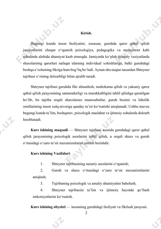 aqat shteyner tajribasining mohiyati yoritiladi, balki guruh psixologiyasi sohasida mavjud nazariy qarashlar bilan bog‘liq holda uning amaliy ahamiyati ham tahlil qilinadi. kurs ishining tuzilishi. ushbu kurs ishining tuzilishi, kirish qism, asosiy qism, xulosa, foydalanilgan adabiyotlar ikki bob, to’rt bo’limdan iborat bo’lib umumiy hajmi 31 saxifadan tashkil topgan. i.bob.shteyner tajribasining nazariy asoslari. 1.1. guruh psixologiyasi haqida tushuncha. shteyner tajribasi – bu fizikada elektrostatik hodisalarni o‘rganishda qo‘llaniladigan mashhur tajribalardan biridir. u orqali elektr zaryadlarning qanday taqsimlanishi va elektr maydonning metall jismlar ichida va yuzasida qanday harakatlanishini ko‘rsatish mumkin. tajribaning asosiy g‘oyasi shuki: agar ichi bo‘sh metall jismlarning (masalan, sfera yoki silindr shaklidagi qobiq) tashqi yuzasiga elektr zaryad berilsa, bu zaryad faqat tashqi yuzada to‘planadi, ichki qism esa zaryadsiz holatda qoladi. bu hodisa elektrostatik muvozanat holati bilan bog‘liq bo‘lib, elektr zaryadlar har doim bir-biridan maksimal uzoqlashishga harakat qiladi. natijada ular jismlarning tashqi yuzasida joylashadi. shteyner tajribasi quyidagicha amalga oshiriladi: ichi bo‘sh metall sfera …