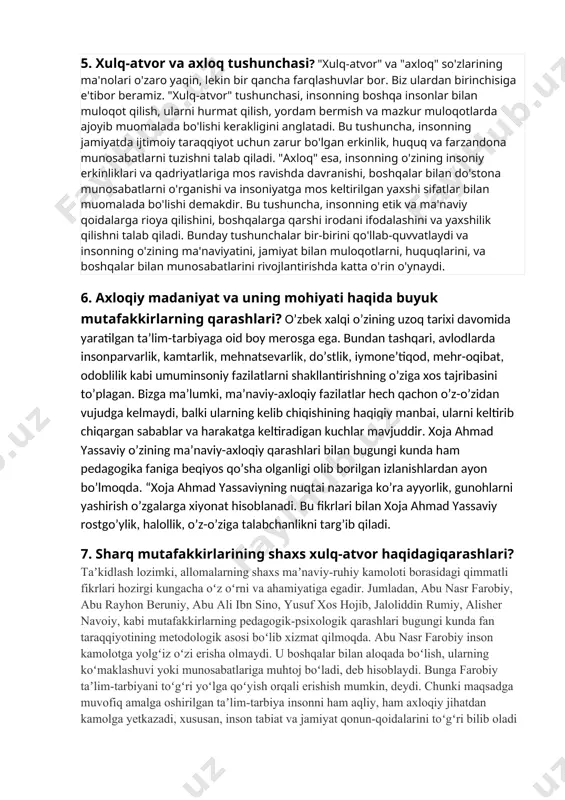 agi munosabatlarning, insonning ma'naviyatini, ruhiyotini va qadriyatlarini tushunishda katta ahamiyatga ega. ma'naviyat rivojlanishi, insonlarning o'zlarini tanish, o'zlariga qarshi muomala qilish, boshqalar bilan do'stona aloqalarni o'rganish, rivojlanish va maqsadlarga erishish yo'llarini aniqlash uchun kritikdir. shaxs va millat ma'naviyati rivojida ong masalasi, har bir insonning o'zining qadriyatlari, qonunlari, odatlari va maqsadlari haqida o'zini tushunishini va qadrlashini talab qiladi. bu, o'z-o'zini rivojlantirish, shaxsga o'zini mustahkam his qilish, o'zining ayni damda jamiyatga qo'shilishini o'rganish va qadriyatlarini paylashishini talab qiladi. jamiyatda esa, bu masala insonlarning bir-birlari bilan do'stona munosabatlarni o'rganish, qadriyat va farqliliklarni qadrlashish va jamiyatning o'zaro birligini rivojlantirishda ahamiyatga ega. начало формы 5. xulq-atvor va axloq tushunchasi? "xulq-atvor" va "axloq" so'zlarining ma'nolari o'zaro yaqin, lekin bir qancha farqlashuvlar bor. biz ulardan birinchisiga e'tibor beramiz. "xulq-atvor" tushunchasi, insonning boshqa insonlar bilan muloqot qilish, ularni hurmat qilish, yordam bermish va mazkur muloqotlarda ajoyib muomalada bo'lishi kerakligini anglatadi. bu tushuncha, insonning jamiyatda ijtimoiy taraqqiyot uchun zarur bo'lgan …