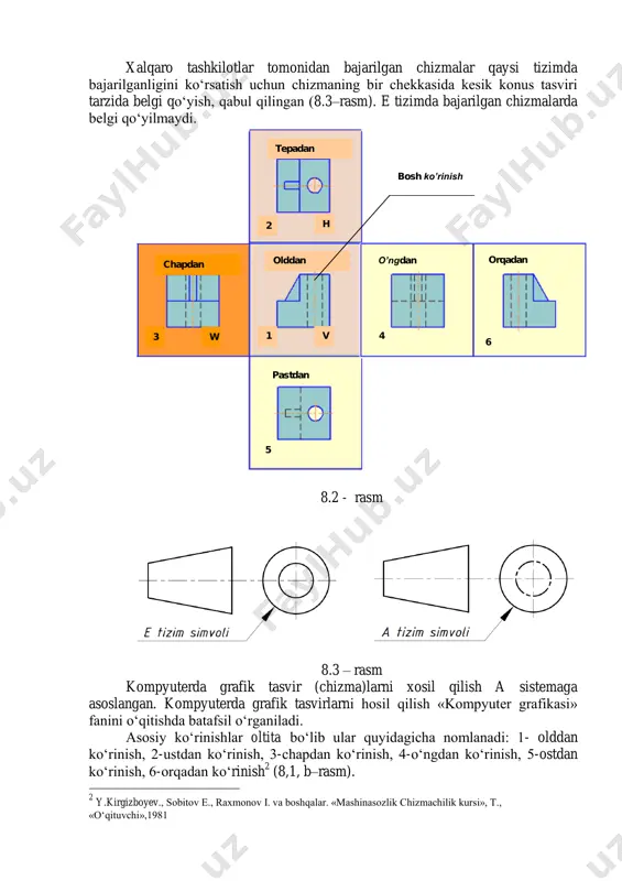 ng imkoni bо„lmasa qо„shimcha kо„rinishlar qо„llaniladi. qо„shimcha kо„rinish buyumni asosiy proyeksiyalar tekisliklaridan birortasiga ham parallel bо„lmagan tekislikka proyeksiyalash yо„li bilan hosil qilinadi. 8.6, a–rasmda qiya yonyuzachali detalning tasviri keltirilgan. bu teshikli yuzacha yuqoridan kо„rinishda qisqarib tasvirlanadi (8.6, b–rasm). bunday hollarda detalning qiya elementlari о„ziga parallel bо„lgan tekislikka prooyeksiyalanadi. masalan, agar detalning qiya yuzachasini о„ziga parallel bо„lgan tekislikka proyeksiyalasak, bu yuzachaning haqiqiy tasviri va о„lchamlariga ega bо„lamiz (6.6, v–rasm). hosil bо„lgan qо„shimcha kо„rinish, unda predmetning faqat bir qismi tasvirlangan, mahalliy kо„rinish bо„lib hisoblanadi, shuning uchun ingichka tutash chiziq bilan chegaralangan. , с.к. боголюбов “инженерная графика” москва, машиностроение, 2000, 351 с. r.r. umirzakov va boshqalar. “muhandislik chizmasi va eskiz” “barkamol fayz media”toshkent-2018 y. 235 b. a) b) v) g) d) 8.6 – rasm agar qо„shimcha kо„rinish proyeksion bog„lanishda bо„lmasa (siljitilgan), kо„rish yо„nalishi strelka bilan kо„rsatiladi va biror harf bilan belgilanadi, chiqarilgan element tasvirining ustiga shu harf yozib qо„yiladi (8.6, g–rasm). zarur bо„lganda …