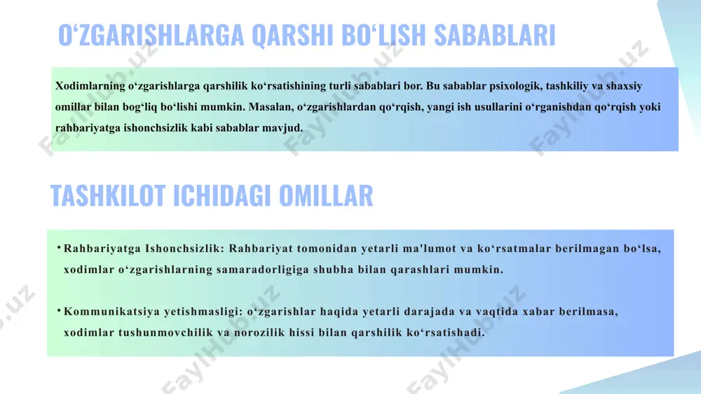 hida finlandiya ta'lim tizimida keng ko‘lamli islohotlar o‘tkazildi. maktabda o‘zgarishlarga qarshi bo‘lgan xodimlar bilan samarli ishlash mexanizimlari ishlab chiqildi. ushbu islohotlar doirasida yangi pedagogik yondashuvlar va texnologiyalar joriy etildi. o‘qituvchilar uchun maxsus treninglar va seminarlardan tashqari, doimiy ravishda o‘z malakalarini oshirish imkoniyatlari yaratildi,bu jarayonda rahbariyat tomonidan ochiq va doimiy kommunikatsiya o‘rnatildi, shuningdek, o‘qituvchilarning fikrlari inobatga olindi. singapur 1997 yilda singapur hukumati "thinking schools, learning nation" (tsln) tashabbusini e'lon qildi. bu tashabbus doirasida ta'lim tizimida keng ko‘lamli islohotlar amalga oshirildi. o‘qituvchilar uchun yangi o‘qitish metodikalari va texnologiyalarni joriy etish bo‘yicha treninglar o‘tkazildi. bundan tashqari, maktablarda doimiy ravishda texnologik qo‘llab-quvvatlash va resurslar yaratildi. xodimlarga motivatsiya berish maqsadida rag‘batlantirish dasturlari tashkil etildi. singapur ta'lim tizimi 1990-yillar boshida an'anaviy yondashuvlarga tayanar edi. o‘qituvchilar eski usullar va metodlar bilan ishlashga odatlangan bo‘lib, yangi pedagogik yondashuvlar va texnologiyalarni qabul qilishga qarshilik ko‘rsatar edi. o‘zgarish: ilgarigi holat: kanada 2000-yillar boshida kanada ta'lim tizimi yaxshi natijalar ko‘rsatgan bo‘lsa-da, …