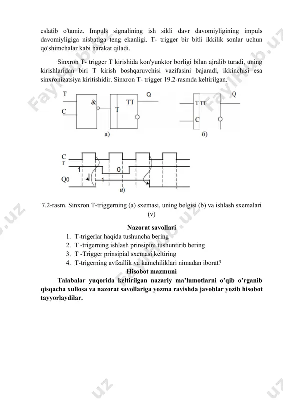 asi keltiring 4. t-trigerning avfzallik va kamchiliklari nimadan iborat? hisobot mazmuni talabalar yuqorida keltirilgan nazariy ma’lumotlarni o’qib o’rganib qisqacha xullosa va nazorat savollariga yozma ravishda javoblar yozib hisobot tayyorlaydilar. image1.png image2.png
