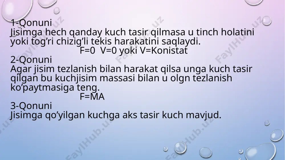 qalanish kuchi katta yoki teng bo’ladi. 2. harakatdagi ishqalanish. jisimga tasir etayotgan kuch ishqalanish kuchidan katta bo’lsa harakatdagi ishqalanish paydo bo’ladi. f= + =mn=mmg mehanik energiya. 1. kinetik energiya. jisimni mehanik energiyasi bilan bog’liq bo’lgan energiya bilan belgilanadi, hrakat turiga qarab 3 xil bo’ladi. 1. ilgarilanma harakatagi kinetik energiya. = = 2. aylanma harakatdagi kinetik energiya. = 3. dumalab harakatlanganda kinetik energiya. = + 2. patensial energiya. jisimlarning o’zoro tasir energiyasi. patensial energiya tasirga qarab 3 xil bo’ladi. 1. jisimning vaziyatiga nisbatan patensial energiyasi. =mgh 2. gravitatsion maydonga nisbatan nisbatan patensial energiysi = -g 3. purjinani patensial energiyasi. = e'tiboringiz uchun rahmat. image3.png image4.png image5.png image6.png image7.png image8.png image9.png image10.png image1.png /docprops/thumbnail.jpeg