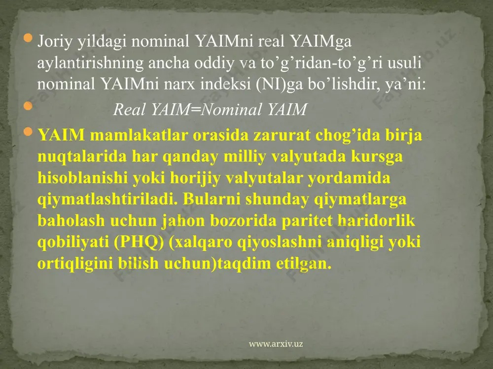 etish, 983,6 mingta yangi ish o‘rinlari tashkil etish mo‘ljallanmoqda. www.arxiv.uz baxo statistikasida laspeyres, paashe va fisher indekslari qo'llaniladi.yalpi ichki mahsulotni o'agarmas baholarda va fizik xajm indeksni hisoblash uchun qaysi indeks qo'llaniladi degan savol tug'iladi. mht ning uchinchi xalqaro standartida amaliyotda qo'llash uchun fisher indeksi tavsiya qilinadi. chunki fisher iideksi qo'llanilganda "indekslar aksimotik nazariyasining” asosiy talablaridan biri – indeksning taqqoslash bazisiga bog'liq emasligini aniqlashdir. fisher indeksi o'racha geometrik miqdor formulasi yordamida, ya'ni fisher laspeyros va paashe indekslari ko'paymasdan olingan kvadrat ildiz bilan aniqlanadi: indeksning taqqoslash bazisiga bog'liq emasligi sabablshi talabni o'rtacha arifmetik miqdor formulasi qanoatlantirmaydi. misol, agar ikkinchi davrdagi bahoning birinchi davrdagi bahoga nisbatini ifordalaydigan laypeyros indeksi 120 ga va foyda miqdori 110 ga teng bo'lsa, u holda o'rtacha arifmetik miqdor 115 ni tashkil etadi, ya'ni: www.arxiv.uz raz qilaylik, birinchi davrdagi baxoning ikkinchi davrdagi baxoga nisbatan aniqlash talab qilinsa, u holda laspeyres indeksi , , paashe indeksi ga teng bo'ladi. o'rtacha …