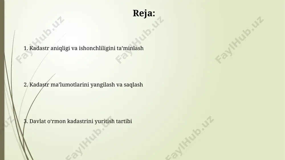 i tashkil qilish tavsiya etiladi. o'rmon fondini monitoring qilishda gps koordinatalari va chegaralarni aniqlash uchun kamida 10 ta nazorat nuqtasidan foydalanish, shuningdek, har bir uchastkaga 5 yilda bir marta yer turlarini batafsil tekshirish zarur. davlat o'rmon kadastrini yuritish tartibi davlat o'rmon kadastrini yuritishda yer uchastkalarining chegaralari aniqlanadi va geodezik koordinatalar yordamida 1:5000 masshtabdagi xaritalarda aks ettiriladi, bu esa kadastr ma'lumotlarining aniqligini ta'minlaydi. o'rmon fondining maydonini aniqlashda, kosmik suratlar va topografik xaritalar kabi 3 xil manbadan olingan ma'lumotlardan foydalaniladi va xatolik chegarasi 2% dan oshmasligi kerak. kadastr ma'lumotlarini tahlil qilish kadastr ma'lumotlarini tahlil qilish jarayonida 10 yildan ortiq ma'lumotlarni o'rganish orqali aniqlangan 20% xatoliklarning asosiy sabablari aniqlanib, tegishli tuzatishlar kiritildi. geodezik ma'lumotlarning to'g'riligini baholashda, kamida 3 ta mustaqil manbadan olingan ma'lumotlarni taqqoslash va gps koordinatalari aniqligi 1 sm dan oshmasligi talab etiladi. xodimlarni tayyorlash va malakasini oshirish xodimlarni gis texnologiyalari, masalan, arcgis yoki qgis dasturlari bo'yicha yillik 40 soatlik treninglar orqali …