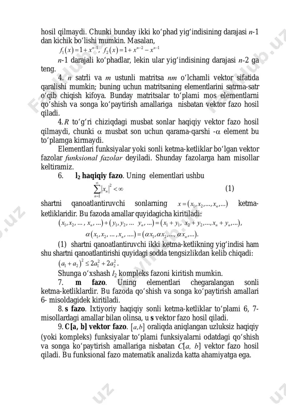 chun ( ) ( ), ( ) ( )f a g a f b g b= = bo‘lishi zarur va kifoyadir. demak, ekvivalentlik sinflari, ya’ni v /v ′ fazoning elementlarini a va b nuqtalardagi qiymatlari bilan aniqlanadi. shuning uchun v /v ′ fazoning elementlarini 2r fazoning elementlari sifatida qarash mumkin. xususan, codimv ′=2. biror v vektor fazoda 1 2,v v qism fazolarni olamiz. agar ixtiyoriy x v∈ vektorni yagona ravishda 1 2 1 1 2 2, ,x x x x v x v= + ∈ ∈ ko‘rinishda yoyish mumkin bo‘lsa, u holda v fazo 1v va 2v qism fazolarning to‘g‘ri yig‘indisi deyiladi va 1 2v v v= ⊕ ko‘rinishida belgilanadi. masalan, 2v r= vektor fazo o‘zining { } { }1 2(0, ), ( ,0);v r ва v rβ β α α= ∈ = ∈ qism fazolarning to‘g‘ri yig‘indisidir. endi vektor fazolarning to‘g‘ri ko‘paytmasi tushunchasini kiritamiz. buning uchun vektor fazolar sistemasi …