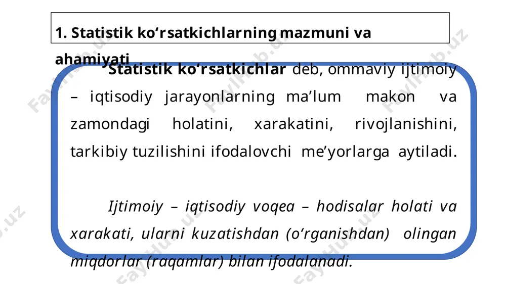 kerak bo‘ladi. masalan, ish vaqti – kishi-soat yoki kishi-kun, transporting bajargan ishi tonna-kilometr, iste’mol qilingan elektr energiya kilovatt-soat va h. к. вular statistikada kompleks o'lchov birliklari deb nom olgan. mutlaq miqdorlar hodisa va jarayonlarning miqdori, hajmi, o'lchami va shu kabilar bilan tekshiruvchini tanishtirib boradi, ular umumlashtirish qudratiga ega, lekin ular orqali hodisa va jarayonlaming rivojlanish darajasini, o'zgarish intensivligini xarakterlab bo'lmaydi. masalan, toshkent shahri doimiy aholisi 2023 yil boshiga kelib 3 mln. kishiga yetdi deylik. bu mutlaq miqdor oldingi yillarga nisbatan toshkent shahri aholisi ko'payganligi yoki ozayganligi haqida bizga hech narsa ayta olmaydi va aytishi mumkin ham emas. bu ishni nisbiy miqdorlar bajaradi. ikki solishtirma mutlaq miqdorni taqqoslash natijasida olingan natijaga nisbiy miqdor deyiladi. nisbiy miqdorlarni hisoblashda kasrning sur’atida, albatta, o'rganilayotgan ko'rsatkich joylashadi. bu ko'rsatkichni taqqoslanuvchi ko'rsatkich deb ham atashadi. kasrning maxrajida esa, taqqoslanadigan ko’rsatkich joylashadi. mana shu maxrajning qanday birlikka tenglashtirib olinishiga qarab nisbiy miqdorlar koeffitsientda, foizda, promilleda va prodetsimilleda …