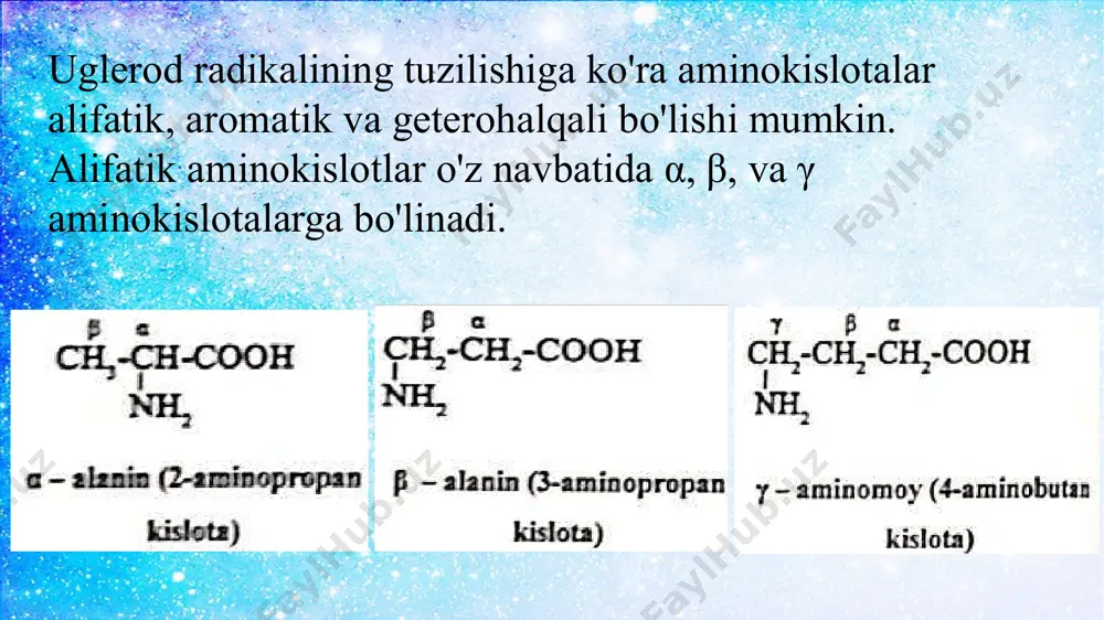 qa muddat ichida shikastlangan to'qimani tiklashga javob beradi. izoleytsin - qonda qand miqdorini me'yorda bo'lishini ta'min-laydi. leytsin - mushak, suyak va teri to'qimalarini tiklanishini tezlashtiradi hamda ularda kechadigan kasalliklarni davolashda ishlatiladi. lizin - suyaklar o'sishida, oziqlanishida muhim o'rin tutgan kalsiyni (ca) oʻzlashtirishda va to'g'ri taqsimlashda asosiy rol o'ynaydi. qonda xolesterin miqdorini me'yorda ushlash va yurak tonusini mustahkamlashda katta o'rin tutadi. organizm rezistentligini oshiradi. metionin - osteoporozni davolashda hamda kelib chiqishi kimyoviy hisoblangan turli xil allergik kasalliklarni davolashda ishlatiladi. prolin - yurak mushakining ish faoliyati uchun javobgar. serin - organizmda yog' kislotalar va yog'lar almashinuvini me'yorda ushlaydi. taurin -o't suyuqligi metabolizmiga javobgar. gipoglikemiya va aterosklerozni davolashda muhim o'rin tutadi. treonin immunitet faolligini oshirishda, uni bir maromda ushlashida, yog' va oqsil almashinuvini boshqarishda hamda jigarda yog' yig'ilishining oldini olishda katta o'rin tutadi. tirozin - adrenalin va noradrenalin ishlab chiqarilishiga javobgar. triptofan - uyqisizlik va yurak kasalliklariga qarshi davolanadigan bemorlar uchun juda foydalidir. …