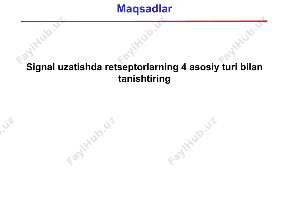 nate atp purinergik (p2x) ligand eshikli ion kanallariga misollar cis -loop retseptorlari 4 ta kichik birlik: a 2 (ach bog'lanish joylari), b , g va d agonist - nikotin antagonist - a -b ungarotoksin, pankuronium ligand eshikli ion kanallari - nikotinik ach ( nach ) retseptorlari ach nach retseptorlarini bog'lab, na + ning kanal orqali oqishini ta'minlaydi 20 nima uchun ion kanallari muhim? ushbu retseptorlar asab tizimidagi eng tez sinaptik hodisani boshqaradi (millisekund) ionlarni hujayra ichiga / tashqarisiga tashishni osonlashtirish (yuqori konsentratsiyadan pastgacha) membran potentsialini o'zgartiradi (vm, odatda -70mv) agar vm salbiyroq bo'lsa, hujayrani rag'batlantirish qiyinroq bo'ladi agar vm kamroq salbiy bo'lsa, hujayrani rag'batlantirish osonroq bo'ladi (depolyarizatsiya) ……..harakat potentsiali……mushak qisqarishi ligand eshikli ion kanallari b, g va d subbirliklari desensitizatsiyani tartibga soladi 21 g protein bilan bog'langan retseptorlari (gpcr) g r e r - retseptor g - g proteini e - effektor ligand hujayra ta'siri g protein bilan bog'langan retseptorlari …