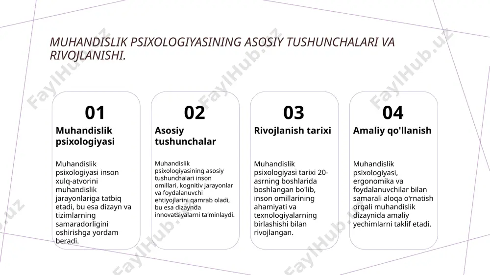 'minlaydi, bu esa jahon bozorida raqobatbardoshlikni ta'minlaydi. 3 ergonomik dizayn tamoyillari ergonomik dizayn, foydalanuvchi qulayligini oshirish uchun joylashuv, shakl va materiallardan foydalanishga asoslangan tamoyillarni o'z ichiga oladi. foydalanuvchi markazli dizayn: asosiy tamoyillar va afzalliklar. 1 foydalanuvchi ehtiyojlari foydalanuvchi markazli dizayn, foydalanuvchilarning ehtiyoj va xohishlarini aniqlashga asoslanadi, buning uchun so'rovlar va fokus-guruhlar o'tkaziladi. 2 interaktivlik foydalanuvchilar bilan samarali interaktivlik, mahsulot yoki xizmatni yanada intuitiv va qulay qilish uchun muhimdir, bu esa ularning tajribasini yaxshilaydi. 3 qulaylik va ergonomika dizayn jarayonida ergonomika va qulaylikni hisobga olish, foydalanuvchilarning jismoniy va ruhiy holatini yaxshilaydi, ish unumdorligini oshiradi. 4 foydalanuvchi fikri foydalanuvchi markazli yondashuvda fikrlar muhim ahamiyatga ega, ular dizayn jarayonida qaror qabul qilishda qo'llaniladi va natijani yaxshilaydi. foydalanuvchi tajribasi: jarayon va metodologiyalar. 1 foydalanuvchining roli foydalanuvchilar muhandislik dizaynida markaziy ahamiyatga ega. ularning ehtiyojlari va xulq-atvori dizayn jarayonini shakllantiradi. 2 tajriba jarayoni foydalanuvchi tajribasi jarayoni, foydalanuvchining mahsulotni qanday qabul qilishi va foydalanishi bilan bog'liq. bu …