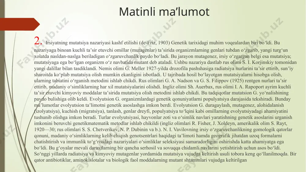 olib borgan tadqiqotlar asosida radiobiologiya, radiatsion seleksiyaning nazariy va amaliy asoslari ishlab chiqildi. gʻoʻza mutagenezi sohasida bir qancha muhim tadqiqotlar olib borildi (sh. i. ibrohimov, a. e. egamberdiyev va b.). genetik sohasidagi tadqiqotlar bogʻdorchilik va tokchilik, donchilik, sholichilik, sabzavotchilik, botanika intlarida hamda bir qancha oliy oʻquv yurtlari kafedralarida olib boriladi. rasimli ma’lumot. image1.png image2.png image3.png image4.png image5.png image6.png image7.png image8.png image9.png image10.png