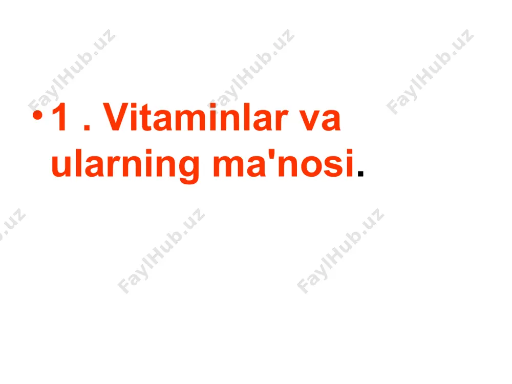 l qilish orqali rivojlanadi. bu beriberi kasalligi bilan namoyon bo'ladi (asab tizimining shikastlanishi, sezgirlikning buzilishi, falaj, yurak faoliyati va endokrin bezlarning disfunktsiyasi). b2 vitamini riboflavin. kundalik ehtiyoj 2-3 mg. asosiy manbalar: tuxum, pishloq, sut, jigar, buyraklar, baliq, go'sht, xamirturush. b2 vitamini etishmovchiligi bilan kattalarda ko'zlar, og'iz shilliq qavati, lablar shikastlanishi kuzatiladi, lablar burchaklarida yoriqlar paydo bo'ladi ("tiqilib qolish"), til papillalari atrofiyasi, til yallig'lanadi va uning yuzasi yorqin qizil va silliq bo'ladi, seboreya, dermatit, zaiflik, ishtahani yo'qotish, vazn yo'qotish; bolalarda-o'sishning sekinlashishi. vitamin b9 - foliy kislotasi, antianemik. katta ichak mikroflorasi tomonidan sintezlanadi. kundalik ehtiyoj – 3 mg. asosiy manbalar: jigar, oq baliq, yashil sabzavotlar, qo'ziqorinlar, xamirturush. b9 vitamini qondagi gemoglobin, qizil qon tanachalari, oq qon hujayralari va trombotsitlar miqdorini oshirishga yordam beradi. vitamin etishmasligi gematopoez jarayonining tormozlanishi bilan birga keladi. homiladorlik paytida foliy kislotasining etishmasligi asab naychalari nuqsonlarini rivojlanish xavfini oshiradi. b12 vitamini siyanokobalamin, antianemik. katta ichak mikroflorasi tomonidan sintezlanadi. kundalik …