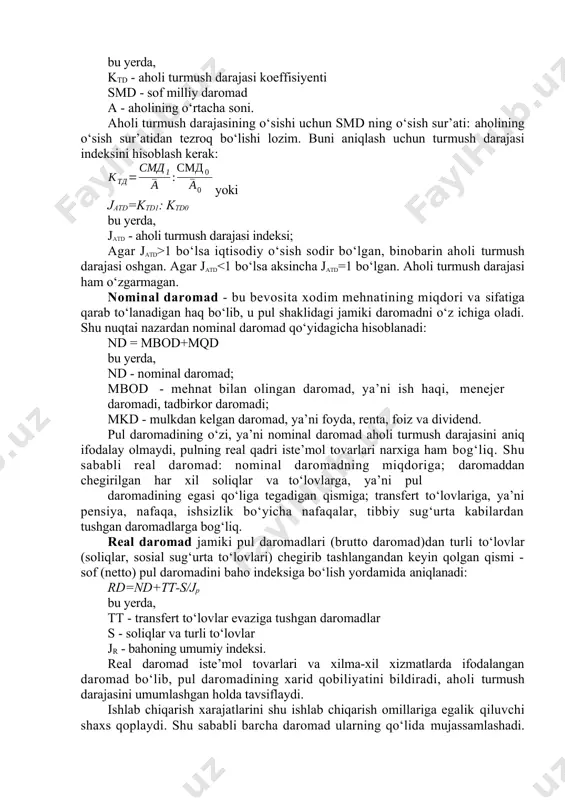 atkich aholi turmush darajasini dastavval qo‘yidagi ko‘rsatkchilar umumlashtirib ifodalaydi: jon boshiga to‘g‘ri kelgan sof milliy daromad; nominal va real daromad indekslari; turmush qiymati indeksi; inson barkamolligi indeksi; qashshoqlik indeksi; aholi pul daromadlari va xarajatlari balansi; yashash minimumi va boshqalar. bu ko‘rsatkchilar qiymat - pul ko‘rsatkichlari bo‘lib, aholining hayotiy ehtiyojlarini qondirish me’yorini aks ettiradi. aholi jon boshiga yaratilgan yasd iqtisodiy taraqqiyotni va aholi turmush darajasini ifodalaydi: bu yerda, ktd - aholi turmush darajasi koeffisiyenti smd - sof milliy daromad a - aholining o‘rtacha soni. aholi turmush darajasining o‘sishi uchun smd ning o‘sish sur’ati: aholining o‘sish sur’atidan tezroq bo‘lishi lozim. buni aniqlash uchun turmush darajasi indeksini hisoblash kerak: yoki jatd=ktd1: ktd0 bu yerda, jatd - aholi turmush darajasi indeksi; agar jatd>1 bo‘lsa iqtisodiy o‘sish sodir bo‘lgan, binobarin aholi turmush darajasi oshgan. agar jatd 1 bo‘lsa - oshirilib qondirilgan, ktqi < 1 bo‘lsa - u holda bu talab yetarli darajada qondirilmagan bo‘ladi. ma’rifiy-ma’naviy …