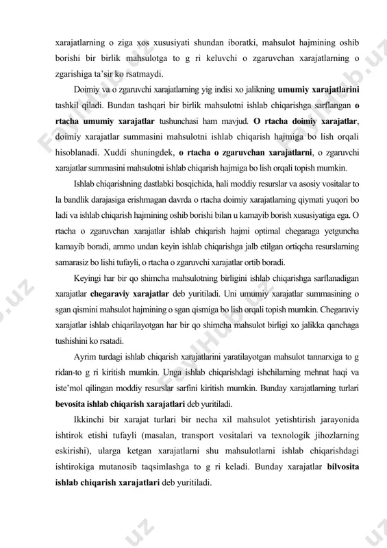 esurslar, xomashyo, materillar, yoqilg i, quvvat, asosiy fondlar, mehnat resurslarini, shuniningdek ishlab chiqarish bilan bog liq boshqa xarajatlarni qiymat bahosini ifodalaydi. mahsulot (ishlar, xizmatlar) ning ishlab chiqarish tannarxiga bevosita mahsulot (ishlar, xizmatlar) ishlab chiqarish bilan bog liq, ishlab chiqarish texnologiyasi va tashkil etilishi orqali zarur bo lgan xarajatlar kiritiladi. ular quyidagilardan iborat: · materiallarga doir to g ri xarajatlar; · mehnatga doir to g ri xarajatlar; - bilvosita xarajatlar, shu jumladan ishlab chiqarish ahamiyatidagi ustama xarajatlar. mahsulot (ishlar, xizmatlar) ning ishlab chiqarish tannarxini hosil qiladigan xarajatlar ularningsh iqtisodiy mazmuniga muvofiq ravishda quyidagi elementlari bo yicha turkumlanadi: · - ishlab chiqarishning moddiy xarajatlari (ishlatiladigan chiqindilar qiymati chegirib tashlanadi); · ishlab chiqarishga oid to g ri mehnatga haq to lash xarajatlari; · ishlab chiqarishga taalluqli asosiy vositalar va nomoddiy aktivlar amortizatsiyasi; · ishlab chiqarishga oid boshqa xarajatlar. ishlab chiqarishga oid moddiy xarajatlar quyidagi moddalarni o z ichiga oladi: - tashqaridan sotib olinadigan, …