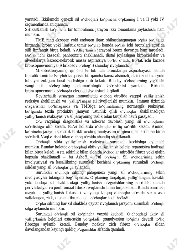 immunodepressantlar bilan davolash foni ham ehtimol bo‘lishi mumkin. eski o‘choqlarning sil yallig‘lanishga rekativatsiyaga moylligi va ekzogen superinfeksiya. tashqi yomon omillar va alveolyar makrofaglardagi bakteriotsid aktivligi pasaygan ichki muhit, aktiv persistirlangan mikobakteriyalarning reversiyasiga, ko‘payish shakliga yaxshi sharoit yaratadi. nisbatan bakterial populyasiyaning oshishi va tmbni qayta ekzogen tushishi ikkilamchi silni rivojlanishiga yordam beradi. organizmning umumiy reaktivligi o‘zgarmagan va tmb ga normaergik reaksiya saqlangan va tmb ni hayot davomida chiqazadigan mahsulotlariga himoyaviy fagotsitar reaksiya qisman saqlangan bo‘lishiga qarmasdan ikkilamchi silning rivojlanishi bor. makrofaglar mikobakteriyalarni yutadi va ularni o‘pka to‘qimasiga fiksatsiya qiladi. yuzaga keluvchi spetsifik yallig‘lanish reaksiyasiga mahalliy bo‘lish xos va o‘pka bo‘lakchasida chegaralanadi. a.i. abrikosov (1904) patologoanatomik tekshirganda, ikkilamchi silda birinchi morfologik o‘zgarish o‘pkaning yuqori bo‘lagidagi cho‘qqi bronxining mayda subsegmentar shoxchasida paydo bo‘lishini takidlagan. patologik jarayonga orqa segmentar bronxning oxirgi shoxchalari ham qo‘shilishi mumkin. ba’zida pastki bo‘lakni cho‘qqi bo‘limini subsegmentar bronxi shikastlanishi mumkin. ikkilamchi sil o‘choqlarining yuqori bo‘laklarda joylashishi ustunlik qiladi, chunki o‘pkaning …