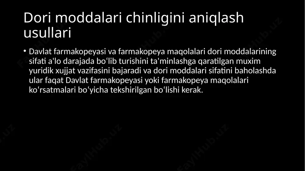 dan eng muhimlari quyidagilardir: -dori moddalarni olishda ishlatiladigan boshlang‘ich mahsulotlar yetarli darajada tozalanmaganligi; -sintez jarayonida reaksiya mahsulotlarining yetarli darajada tozalanmaganligi; -dori moddasining olinishi jarayonida ishlatiladigan uskunalar tarkibidan metal kationlarining dori moddasi tarkibiga qo‘shilib qolishi; -sintez jarayonida ko‘zda tutilmagan, qo‘shimcha aralashmalarning hosil bo‘lishi; -dorivor o‘simlik homashyosi yoki hayvonlar organlaridan dori moddasi olinishi jarayonining reglamentga ko‘ra olib borilmaganligi; -dastlabki mahsulot tarkibidagi begona moddalar tarkibidagi birikmalarning ekstraksiyalanishi; -saqlash jarayonida dori moddasining o‘zgarishi. tahlil qilinayotgan dori moddasidagi aralashmaning maksimal miqdorini aniqlashning ikki usuli mavjud. ulardan biri etalon eritma bilan solishtirishga asoslangan bo‘lib, bunda u yoki bu reaktiv ta‘sirida bir xil sharoitda hosil bo‘lgan rang yoki loyqalanish kuzatiladi. ikkinchi usulda yot aralashmaning yo‘qligi tekshirilib, bunda sezgirligi nisbatan kamroq bo‘lgan sifat reaksiyalaridan foydalaniladi. ikkala usulda ham tahlil xatoligi 10% atrofida bo‘lishi mumkin. dori moddalarning tozaligini aniqlash jarayonini tezlashtirish va yuqori aniqlikka erishish maqsadida davlat farmakopeyasida etalon eritmalaridan foydalanish tavsiya etiladi. etalon - aniqlanuvchi yot aralashmaning ma‘lum …