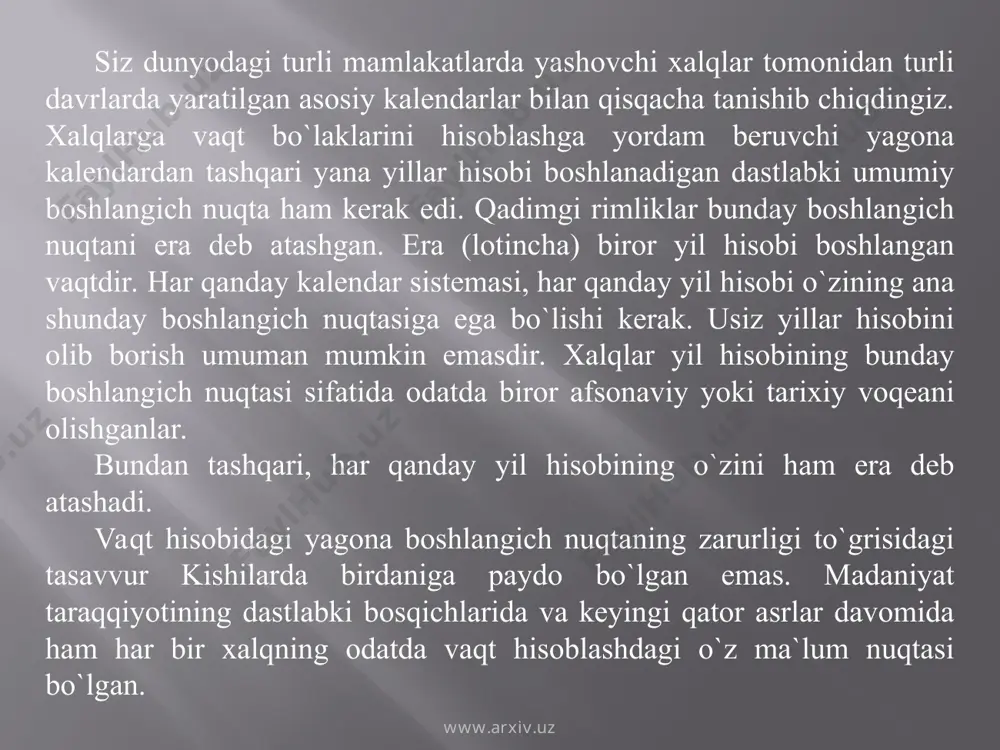 matni uzil-kesil tasdiqlandi. mazkur kengash barcha xristianlar zimmasiga post (rо`za) majburiyatini yukladi. shuningdek, unda kо`p yillardan buyon baxsli bо`lib kelayotgan masala – pasxa bayramini (xristosning “tug`ilgan” kunini) nishonlash masalasi xal qilindi. pashali tuzish jarayonida uning miyasiga “nega endi pashalini, bir vaqtlar xristianlarni kuvgin qilib, ularga jabr va zulm kо`rsatgan zolim budparast deolektian erasidan boshlash kerak?” degan fikr keladi. www.arxiv.uz www.arxiv.uz www.arxiv.uz www.arxiv.uz shu uy sabab bо`lib, u navbatdagi pashaliyni iso paygambarning tug`ilgan kunidan boshlangan kalendar bо`yicha tuzishga qaror qiladi. iso paygambarning yerdagi hayotini yoritgan xristianlarning muqaddas injil kitobi, paygambar 30 yoshida butga qoqilgandan sо`ng 25 martda, yakshanba kuni qayta tug`ilganini va aynan shu kuni “birinchi bayram” sifatida nishonlanganini ma`lum qiladi. shuni asos qilib, dionisiy 25 mart yakshanbag`a tо`gri kelgan yillarni qidirdi va topdi. u deolektian erasi bо`yicha 279 yilga tо`gri keldi. haftaning ma`lum kuniga aniq bir kunning tо`gri kelishi (jumladan, yakshanba kuni qaytadan 25 martga tо`gri kelishi) 532 yillik davriga …