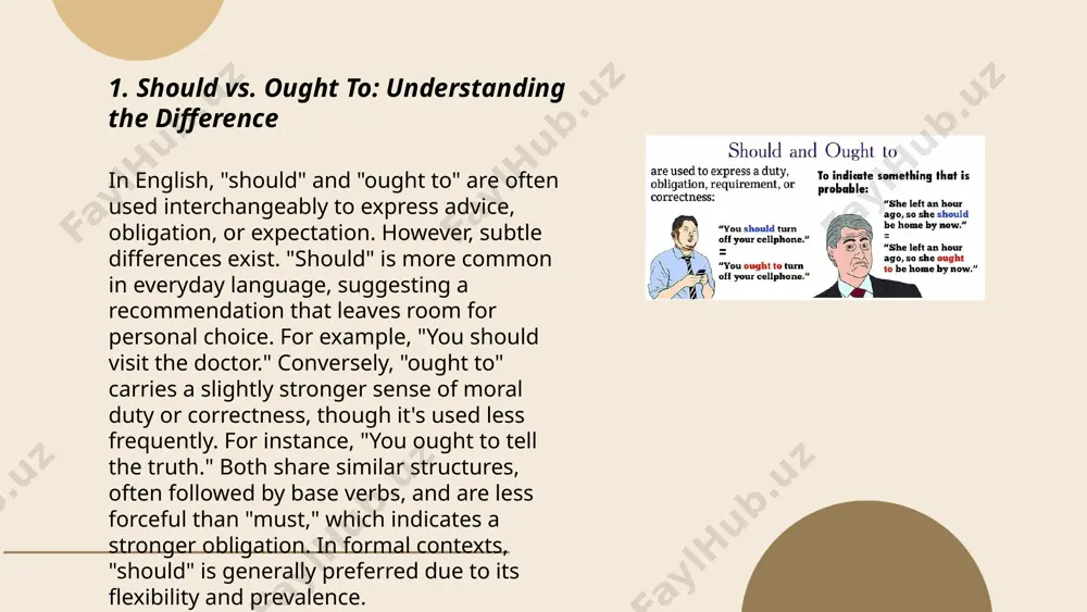 st conditional, "should" replaces "if" and suggests a recommendation, e.g., "should you see him, give him this message." in the second conditional, "should" reflects a hypothetical situation, e.g., "if you should win the lottery, you could travel the world." it adds nuance by implying greater uncertainty or politeness. its usage can emphasize the conditionality or formality of a statement. this makes "should" a versatile modal verb in expressing conditions, contingent advice, or polite queries in english grammar. ... t.me/slaydai_bot 7. negative forms: shouldn't vs. ought not to "shouldn't" and "ought not to" both serve as negative forms of advice or recommendations. "shouldn't" is more common in contemporary english and often used in informal contexts. for example, "you shouldn't eat too much sugar." "ought not to" is less common, slightly more formal, and may appear in more traditional or formal texts. for instance, "you ought not to drive too fast." both …