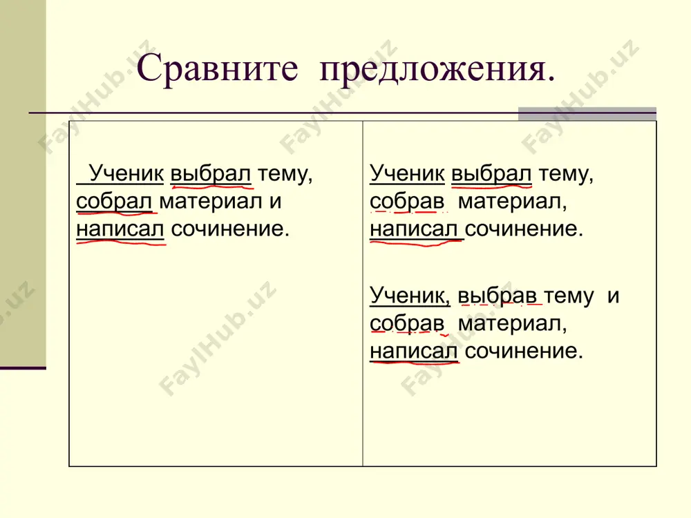 тоя, молча, нехотя, играя и т. д.), вошёл он молча. разделительное написание не с деепричастиями. частица не с деепричастиями пишется раздельно, например: не останавливаясь. некоторые деепричастия без не не употребляются, поэтому пишутся с не слитно, например: недоумевая (без не не употребляется). деепричастия несовершенного вида. деепричастия несовершенного вида обозначают дополнительное действие, которое происходит в одно время с главным действием, т.е. обозначает незаконченное добавочное действие. они отвечают на вопрос что делая? образование деепричастий несовершённого вида. глаголы несовершённого вида суффиксы деепричастий несовершенного вида деепричастия несовершённого вида держат -а держа стараются -я(сь) стараясь деепричастия несовершенного вида образуются обычно от основы настоящего времени глаголов несовершенного вида путём прибавления суффикса -а (-я). деепричастия совершенного вида. деепричастия совершенного вида обозначают дополнительное действие, которое происходит до главного, то есть законченное добавочное действие. они отвечают на вопрос что сделав? образование деепричастий совершенного вида. глаголы в неопределённой форме или в форме прошедшего времени суффиксы деепричастий совершённого вида деепричастие совершенного вида …