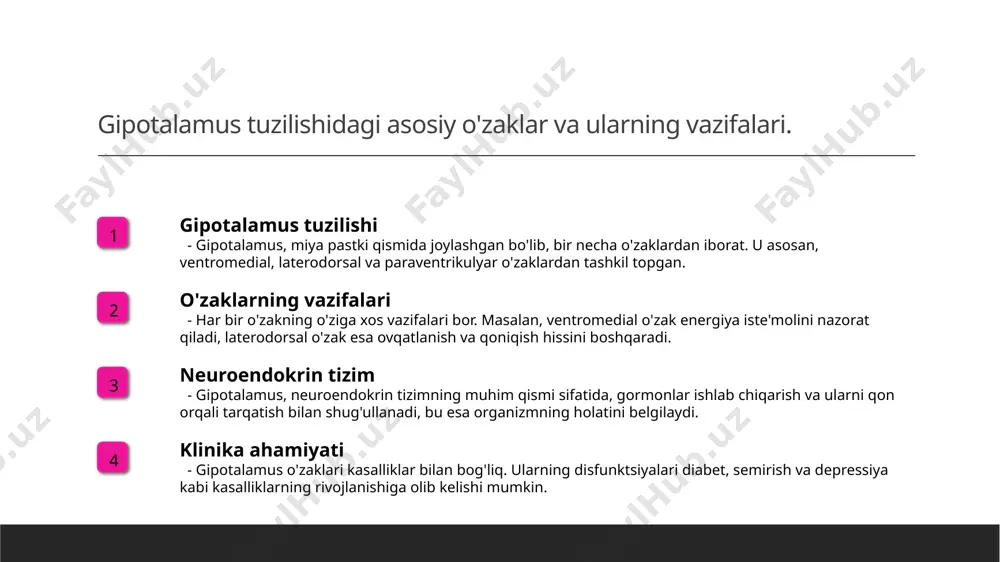 talamus bilan bog'liq kasalliklarni davolashda gormonal terapiya, dorivor vositalar va oziqlanishni o'zgartirish kabi usullar qo'llaniladi. bu usullar samarali natijalarga olib kelishi mumkin. 3 klinik tadqiqotlar gipotalamusni o'rganish uchun ko'plab klinik tadqiqotlar o'tkazilmoqda. ushbu tadqiqotlar kasalliklarni erta aniqlash va yangi davolash usullarini ishlab chiqishga yordam beradi. gipotalamus o'zaklarining kasalliklar bilan aloqasi va klinik ahamiyati. 01 gipotalamus va kasalliklar gipotalamus o'zaklari organizmda gormonal muvozanatni ta'minlab, turli kasalliklarning rivojlanishida muhim rol o'ynaydi. 02 gormonlarning ta'siri gipotalamus tomonidan ishlab chiqariladigan gormonlar, masalan, kortikotropin-releasing gormoni, stress va immun tizimiga ta'sir qiladi, bu esa kasalliklarni keltirib chiqarishi mumkin. 03 klinik ahamiyat gipotalamus o'zaklarining disfunktsiyasi, qandli diabet yoki semirish kabi kasalliklar bilan bog'liqdir, bu esa oldini olish va davolash strategiyalarini talab qiladi. gipotalamusning gormonlar ishlab chiqarishidagi roli va uning tibbiyotdagi o'rni. 01 gipotalamusning roli gipotalamus gormonlar ishlab chiqarishda muhim rol o'ynaydi, chunki u gormonlar va neyrotransmitterlar orqali organizmning homeostazini nazorat qiladi. 02 gormonlar turlari gipotalamus tomonidan ishlab …