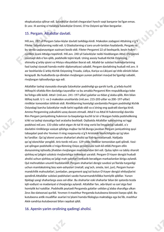 'z mustaqil daviatini tuzdi; bu daviatni ularning o'z jupanlari idora qildi (bu jupaniardan eng mashhuri trpimir bo'lib, u 839-864 yillarda idora qildi). x asrning boshlarida (chamasi 925 yillarda) buyuk jupan tomislav (910-930) zamonida xorvatiya knyazligi qirollikka aylandi. bu qirollik tarkibiga xorvatiyaning o'z yerian va dalmatsiya kirdi. biroq dengiz bo'yidagi dalmatsiya shaharlarini xi asming ikkinchi yarmida venetsiya bosib oldi. xii bsming boshlarida (1102 yildan boshlab) xii asming 60 va 70 yillarida sbarqiy serb qabilalarini ham, g'arbiy serb qabilalarini ham o'ziga bo'ysundirdi. 1190 yilda stefan nemanya vizantiya hokimiyatidan butunlay qutulishga muvaffaq bo'ldi. shundan keyin tez orada serbiya qirollik deb e'lon qilindi. xiii-xiv asrlarda serbiya qirolligi, bolqon yarim orolidagi eng yink davlatlardan biri bo'lib qoldi. 14. aleksandrning sharqqa yurishi. aleksandr yunonistonda o’z hokimiyatini to’la tiklab olganidan so’ng endi eronga harbiy yurishga puxta tayyorlana boshladi. mil.avv. 334 yili qish fasli butun qo’shin harbiy mashqni o’tashdi. qo’shin frakiya sohilidagi amfiopol shahriga to’plandi. aleksandrning armiyasi unchalik …