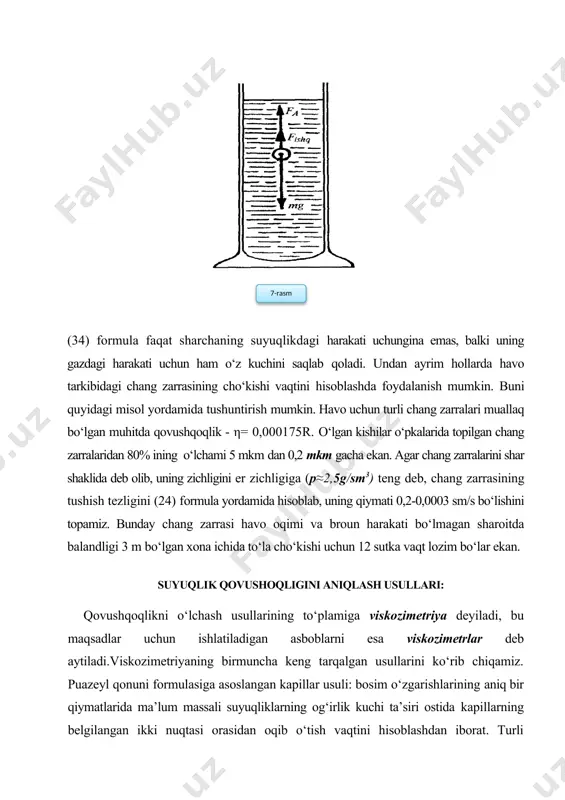 isi esa qo‘zg‘almas. qovushqoqlik qo‘zg‘almas silindrda ma’lum bir kuch momentini hosil qilayotgan aylanuvchan silindrning (rotorning) burchak tezligi yoki rotor burchak tezligining berilgan aniq qiymatida hosil bo‘lgan kuch momentini qo‘zg‘almas silindrga ko‘rsatadigan ta’siriga qarab o‘lchanadi. rotatsion viskozimetrlar yordamida suyuqliklarning l-105pa·s oraliqlardagi qovushqoqligi o‘lchanadi, ya’ni surkov moylarining, eritilgan silikatlar va metallarning, katta qovushqoqlik lok va elimlarning, loy-tuproqli qorishmalar va hokazolarning qovushqoqliklari aniqlanadi. rotatsion viskozimetrlar rotoriga turlicha kattalikdagi burchak tezliklar berib, tezlik gradientini o‘zgartirish mumkin. bu hol turli xil tezlik gradientlarida qovushqoqlikni aniqlashga va nonyuton suyuqliklarga xos bo‘lgan η = f(dv/dx) bog‘lanishni aniqlashga imkon beradi. hozirgi paytda klinikalarda qonning qovushqoqligini aniqlashda ikkita kapillyarli gess viskozimetridan foydalaniladi. uning tuzilish sxemasi 7- d rasmda berilgan. ikkita bir xil a1 b1, va a2 b2 kapillyarlar, ikkita 1 va 2 trubalar bilan tutashtirilgan. kran 4 ni ochib rezina nay 3 orqali nok yoki og‘iz yordamida a1b1, kapillyar va 1 truba bo‘ylab distillangan suvni 0 belgigacha so‘rib keltiriladi …