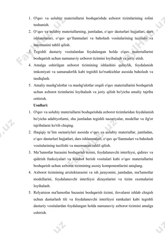 va samaradorlik kabi tegishli ko'rsatkichlar asosida baholash va tasdiqlash. 5. amaliy mashg'ulotlar va mashg'ulotlar orqali o'quv materiallarini boshqarish uchun axborot tizimlarini loyihalash va joriy qilish bo'yicha amaliy tajriba orttirish. usullari: 1. o'quv va uslubiy materiallarni boshqarishda axborot tizimlaridan foydalanish bo'yicha adabiyotlarni, shu jumladan tegishli nazariyalar, modellar va ilg'or tajribalarni ko'rib chiqing. 2. haqiqiy ta’lim ssenariylari asosida o‘quv va uslubiy materiallar, jumladan, o‘quv dasturlari hujjatlari, dars ishlanmalari, o‘quv qo‘llanmalari va baholash vositalarining tuzilishi va mazmunini tahlil qilish. 3. maʼlumotlar bazasini boshqarish tizimi, foydalanuvchi interfeysi, qidiruv va qidirish funksiyalari va hisobot berish vositalari kabi oʻquv materiallarini boshqarish uchun axborot tizimining asosiy komponentlarini aniqlang. 4. axborot tizimining arxitekturasini va ish jarayonini, jumladan, ma'lumotlar modellarini, foydalanuvchi interfeysi dizaynlarini va tizim sxemalarini loyihalash. 5. relyatsion ma'lumotlar bazasini boshqarish tizimi, ilovalarni ishlab chiqish uchun dasturlash tili va foydalanuvchi interfeysi ramkalari kabi tegishli dasturiy vositalardan foydalangan holda namunaviy axborot tizimini amalga oshirish. 6. haqiqiy ta'lim ma'lumotlari yoki …